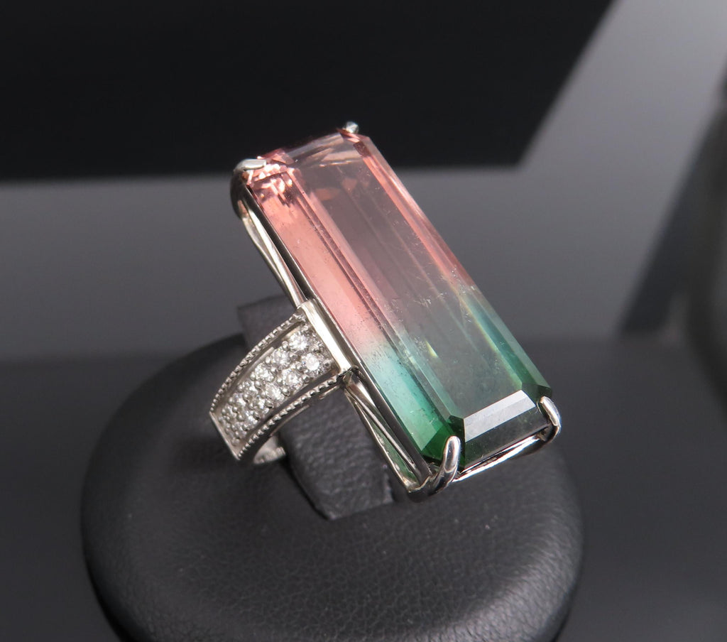 Rare 15.82ct Natural Watermelon Tourmaline & 0.35ct Diamond Platinum Ring Size 7