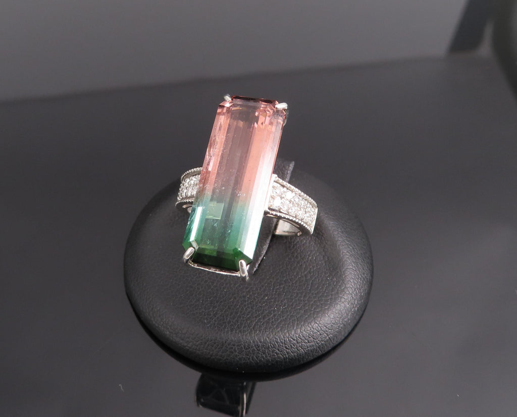 Rare 15.82ct Natural Watermelon Tourmaline & 0.35ct Diamond Platinum Ring Size 7