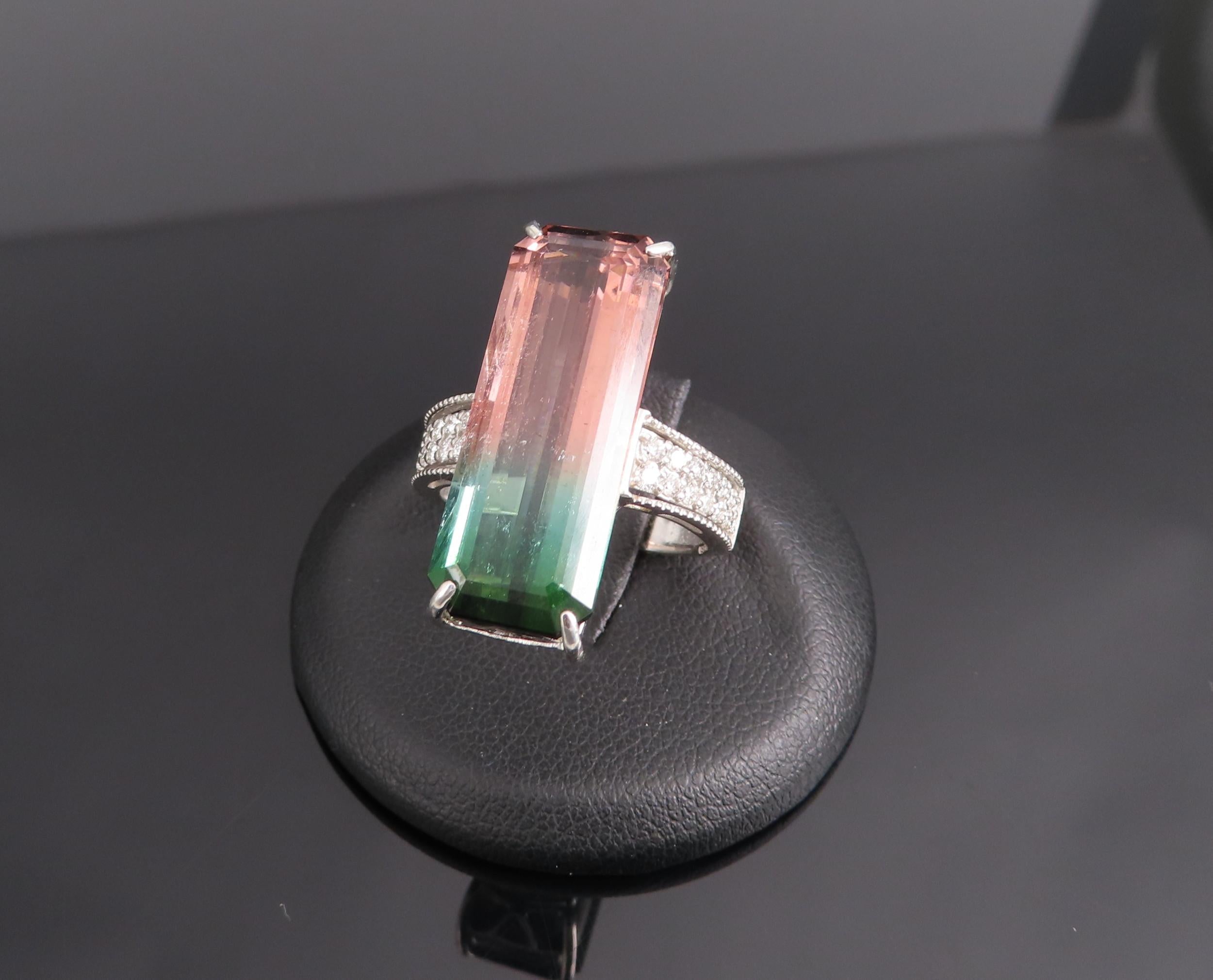 Rare 15.82ct Natural Watermelon Tourmaline & 0.35ct Diamond Platinum Ring Size 7