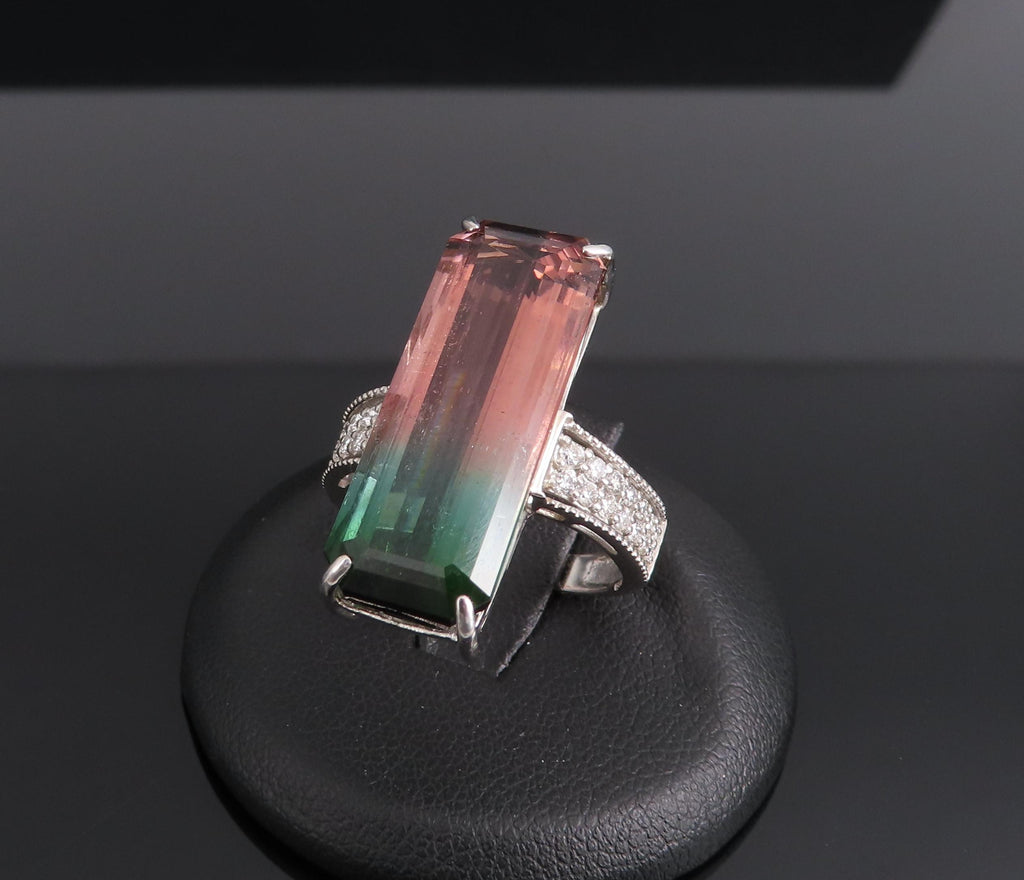 Rare 15.82ct Natural Watermelon Tourmaline & 0.35ct Diamond Platinum Ring Size 7