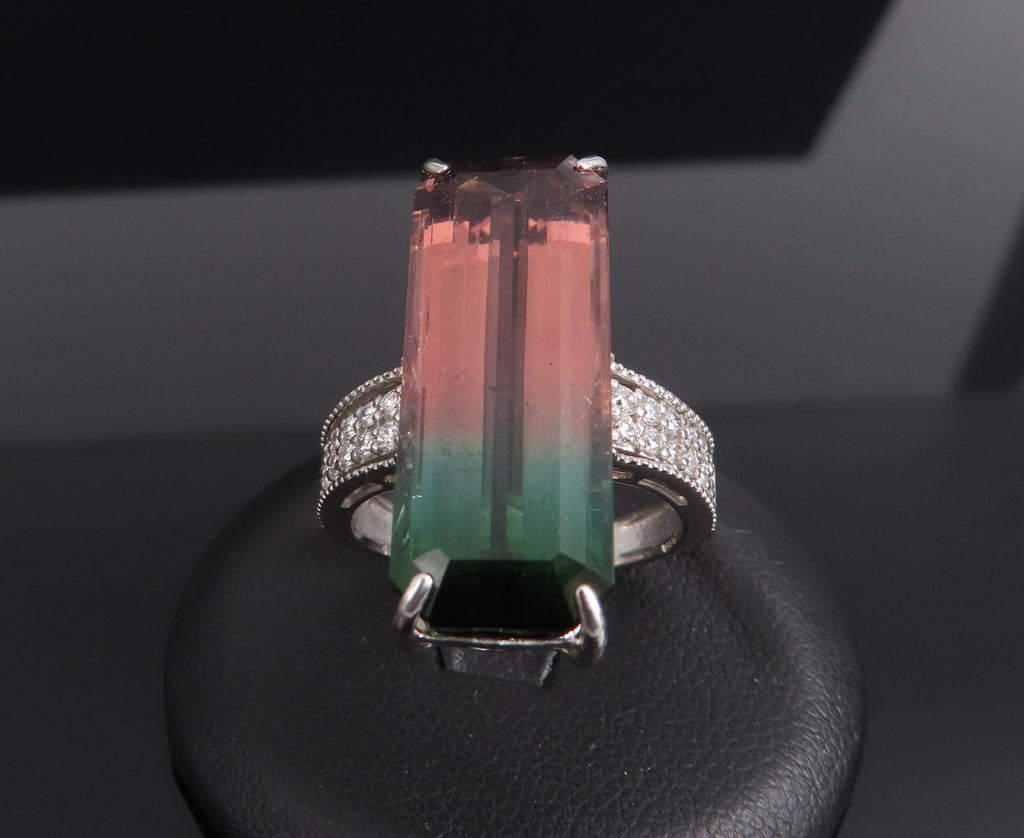 Rare 15.82ct Natural Watermelon Tourmaline & 0.35ct Diamond Platinum Ring Size 7