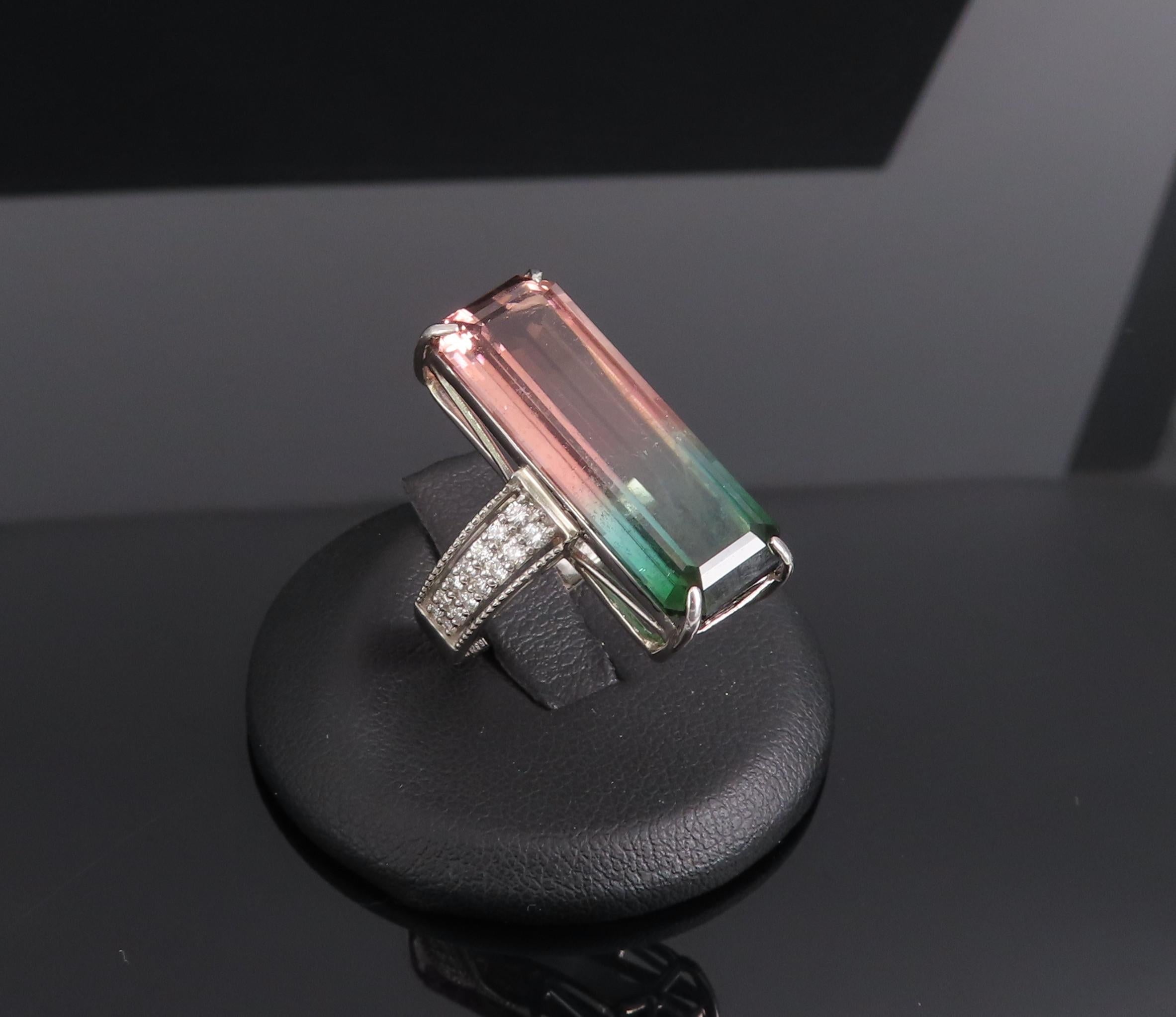 Rare 15.82ct Natural Watermelon Tourmaline & 0.35ct Diamond Platinum Ring Size 7