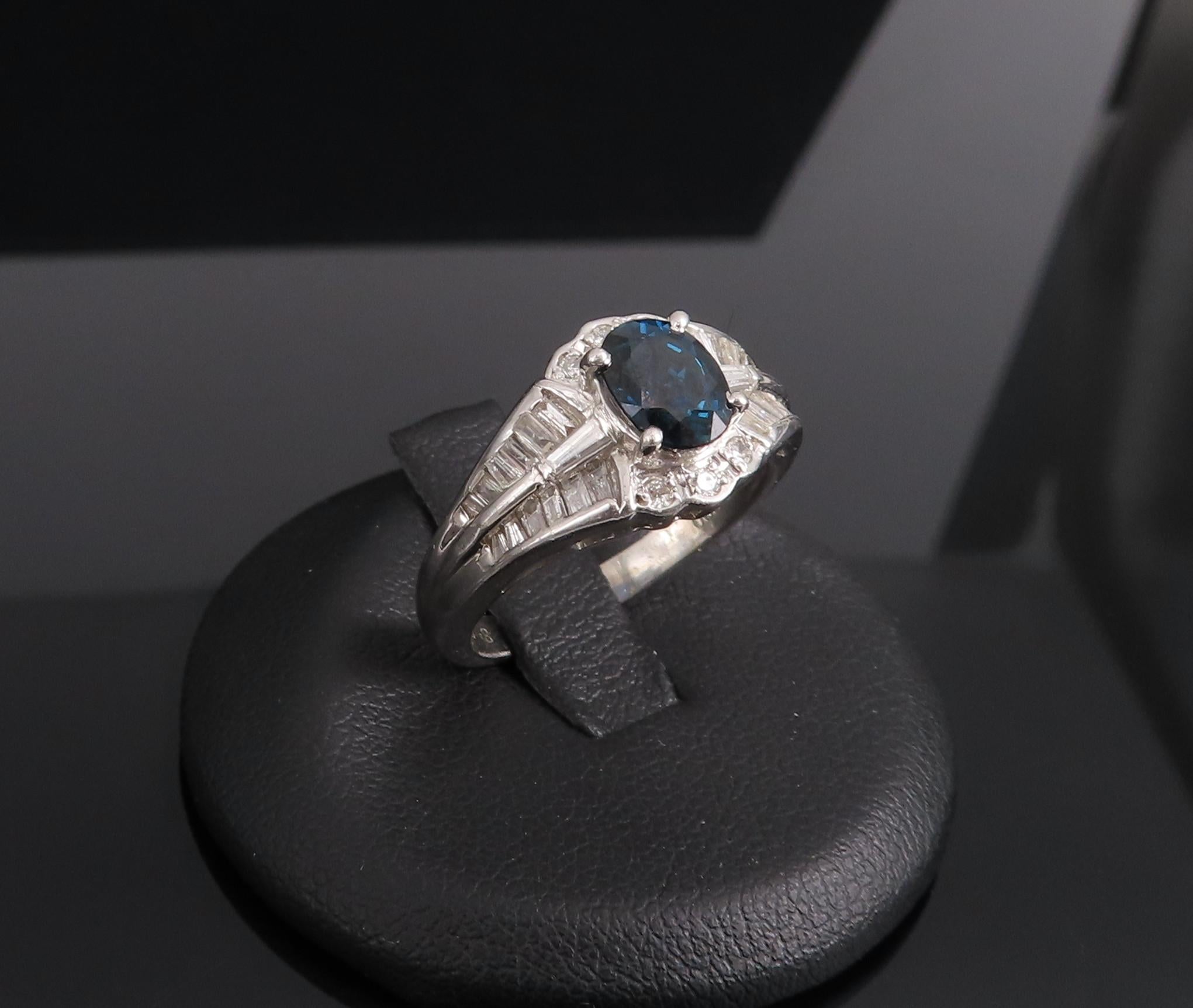 Vintage 1.07ct Deep Blue Sapphire & 0.48ct Diamond Platinum Ring Size 7