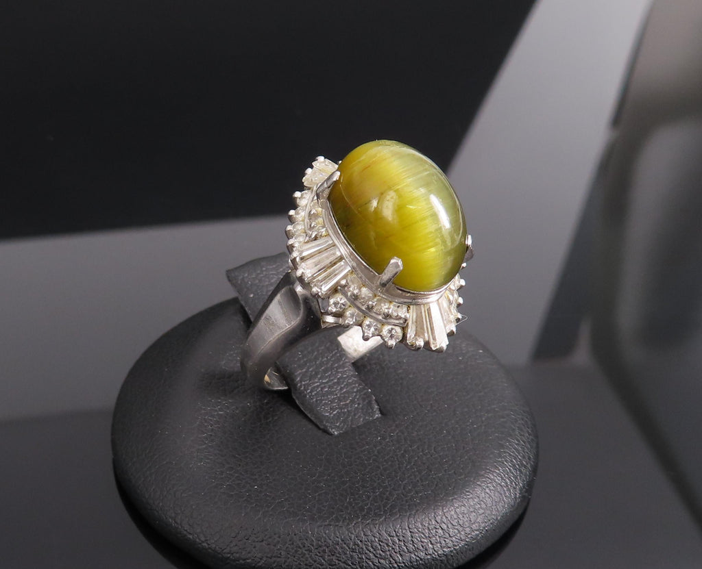 Vintage 8.54ct Cat's Eye Tourmaline  & 1.08ct Diamond Platinum Ring, Size 6