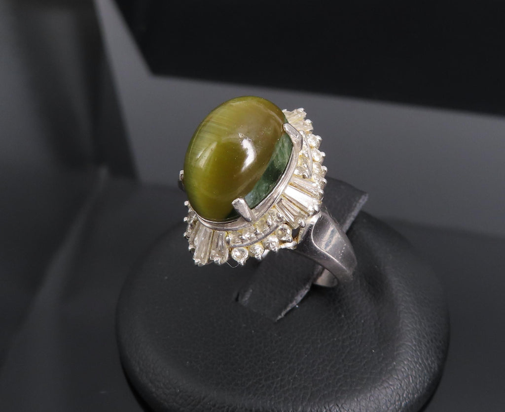 Vintage 8.54ct Cat's Eye Tourmaline  & 1.08ct Diamond Platinum Ring, Size 6
