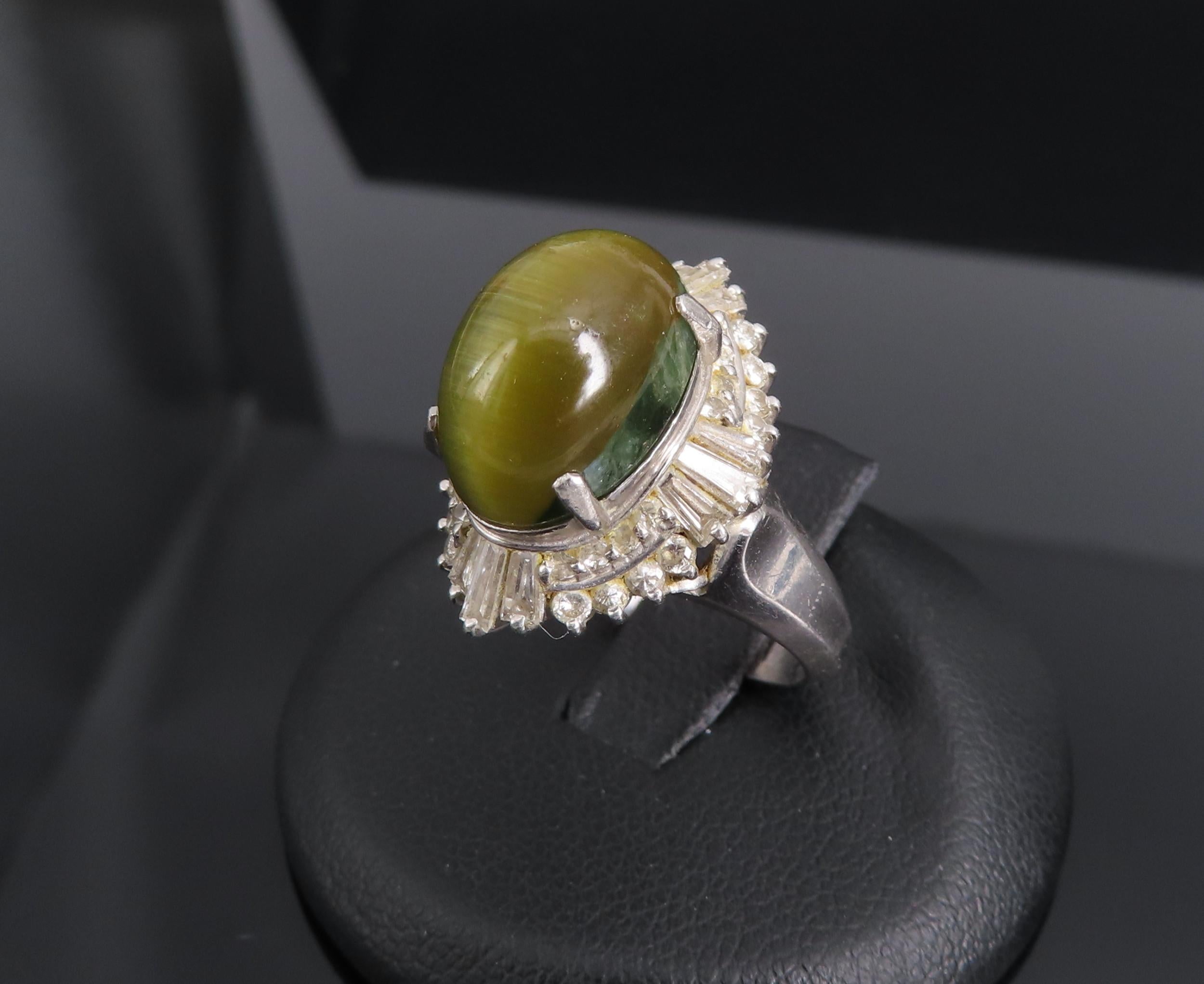 Vintage 8.54ct Cat's Eye Tourmaline  & 1.08ct Diamond Platinum Ring, Size 6