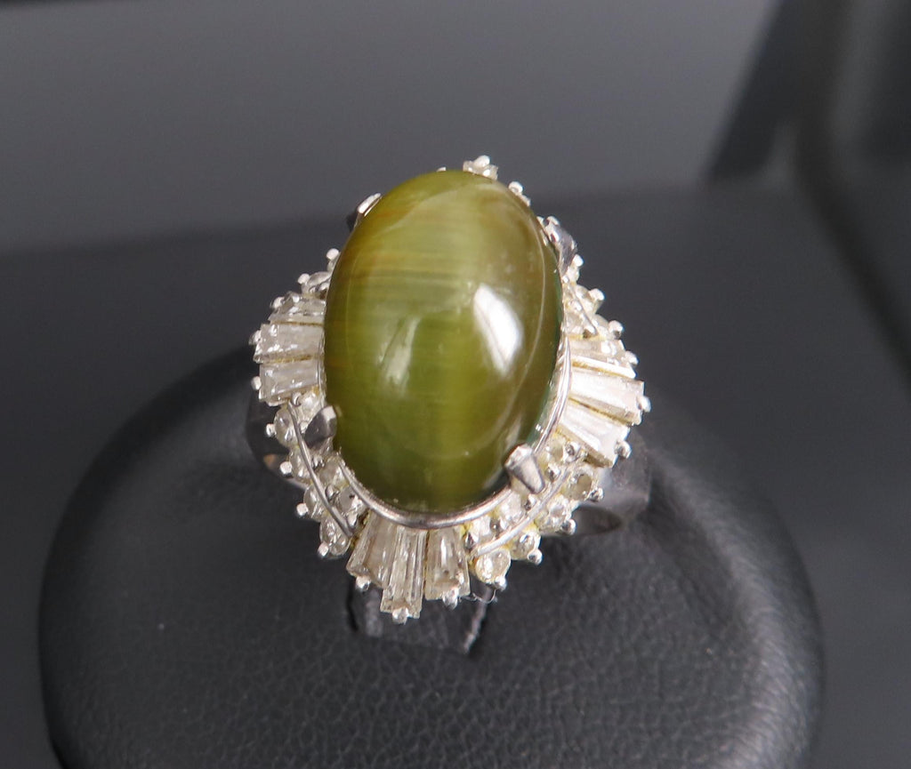 Vintage 8.54ct Cat's Eye Tourmaline  & 1.08ct Diamond Platinum Ring, Size 6