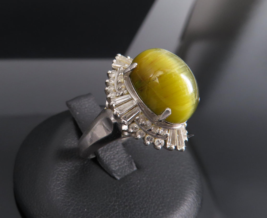 Vintage 8.54ct Cat's Eye Tourmaline  & 1.08ct Diamond Platinum Ring, Size 6