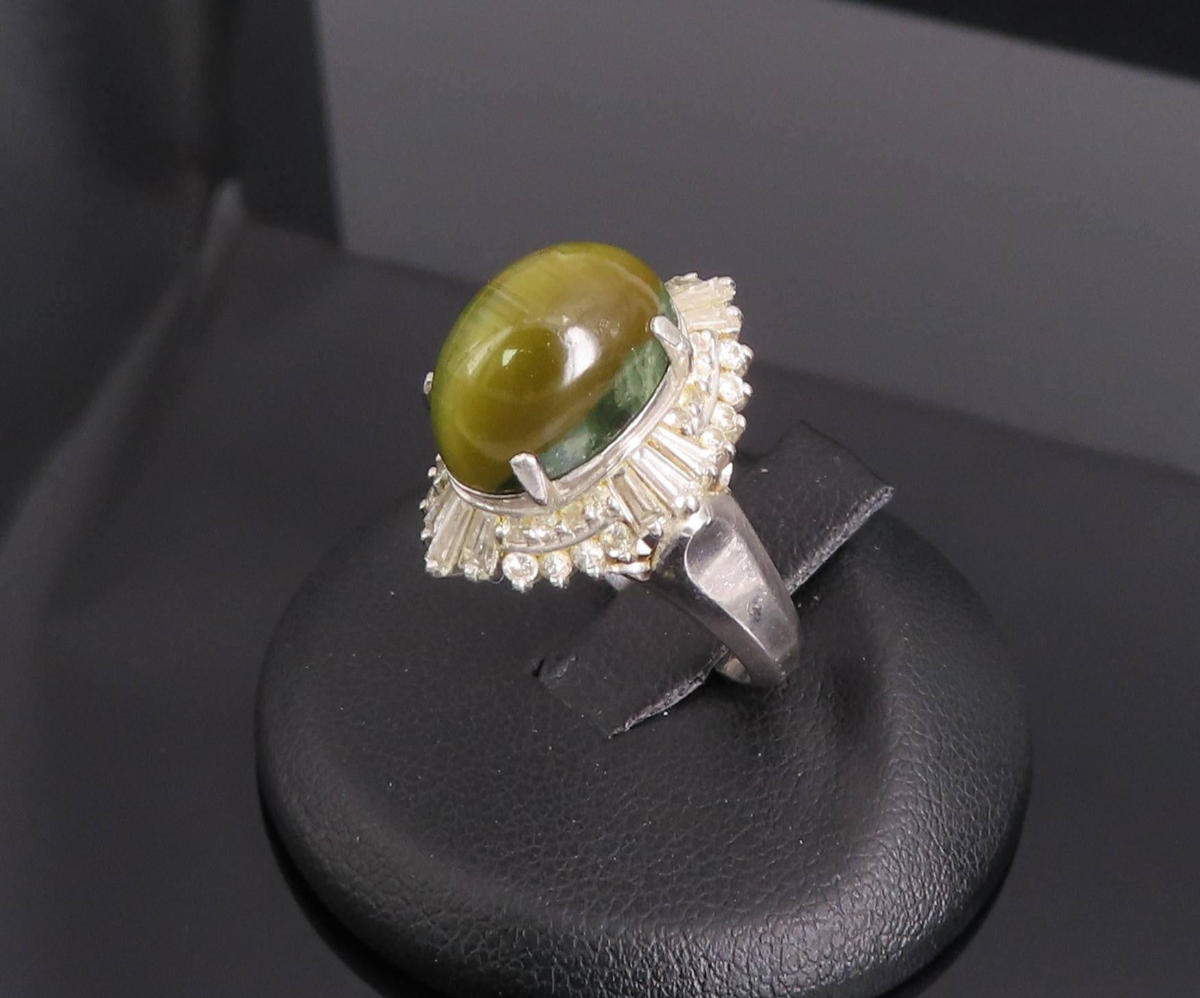 Vintage 8.54ct Cat's Eye Tourmaline  & 1.08ct Diamond Platinum Ring, Size 6