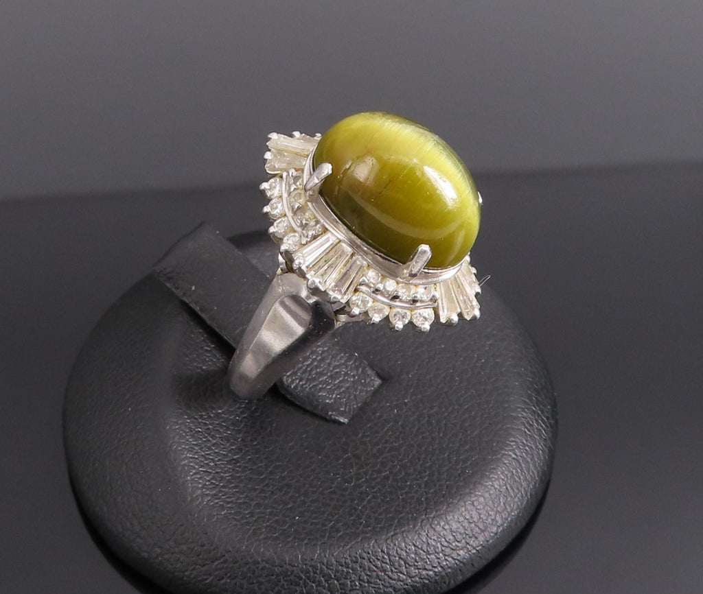 Vintage 8.54ct Cat's Eye Tourmaline  & 1.08ct Diamond Platinum Ring, Size 6