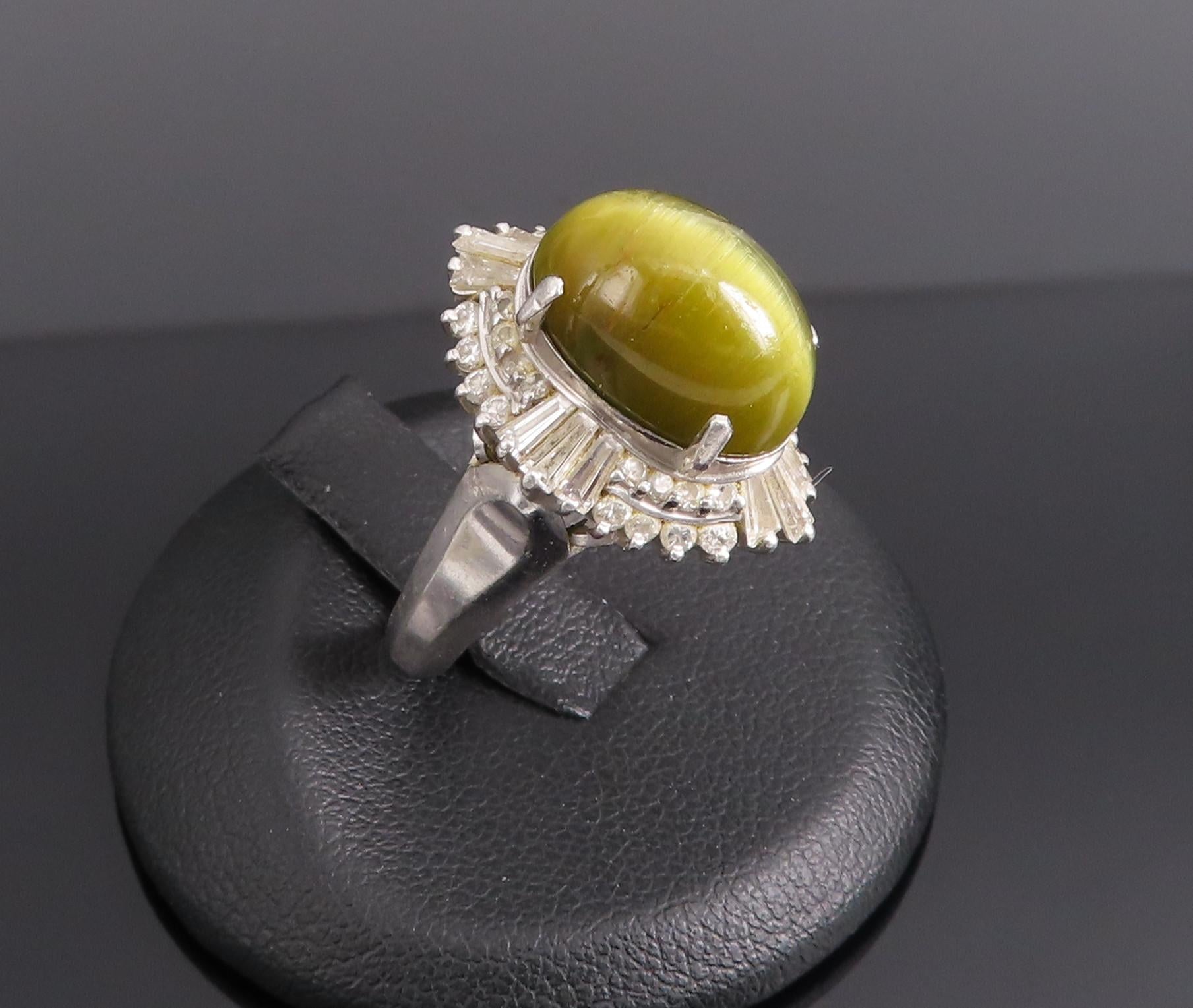 Vintage 8.54ct Cat's Eye Tourmaline  & 1.08ct Diamond Platinum Ring, Size 6
