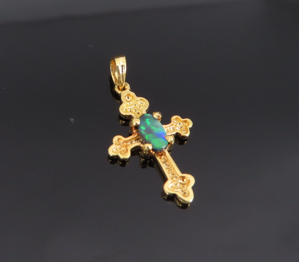 Vintage 0.10ct Natural Black Opal & 18K Yellow Gold Cross Botonny Pendant Charm