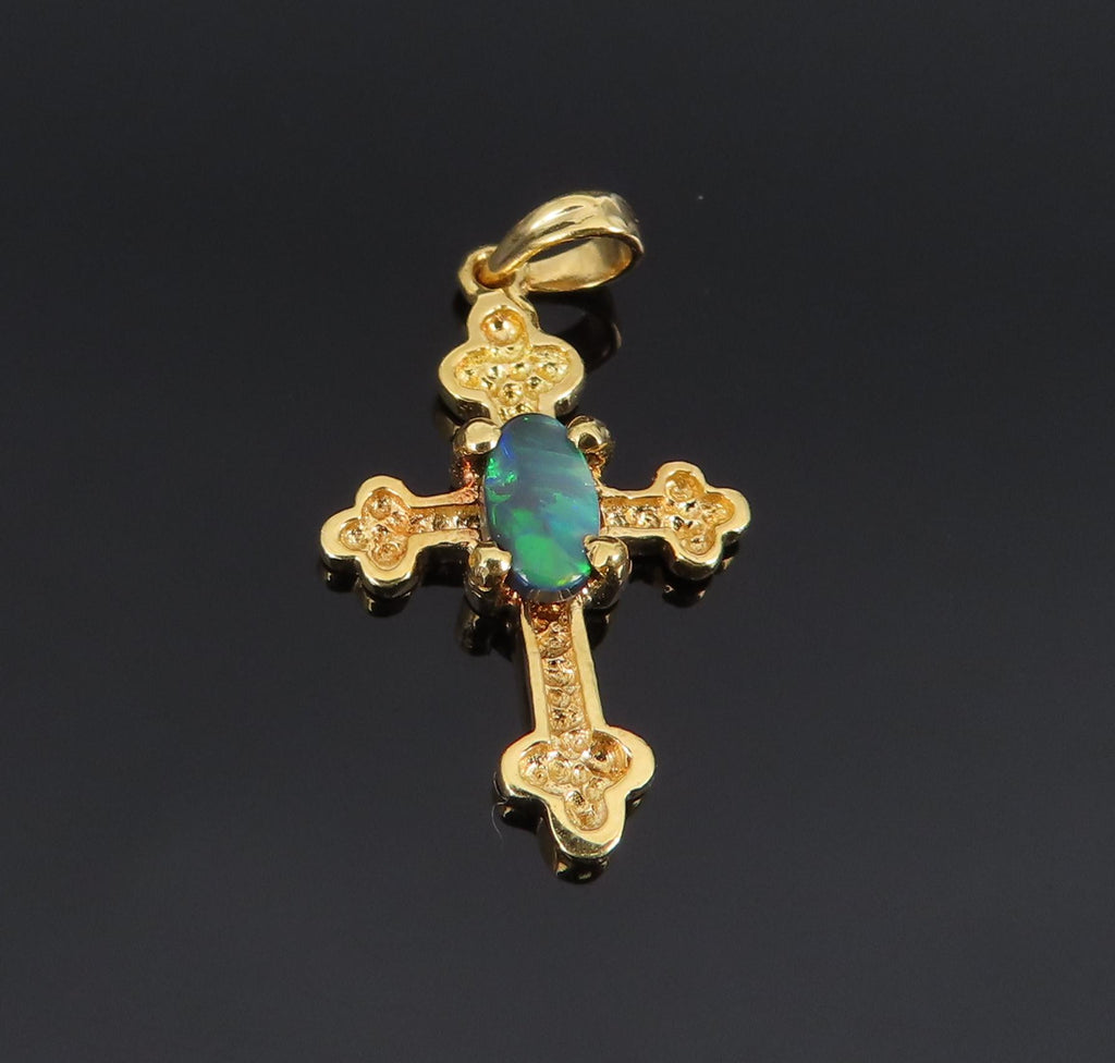Vintage 0.10ct Natural Black Opal & 18K Yellow Gold Cross Botonny Pendant Charm