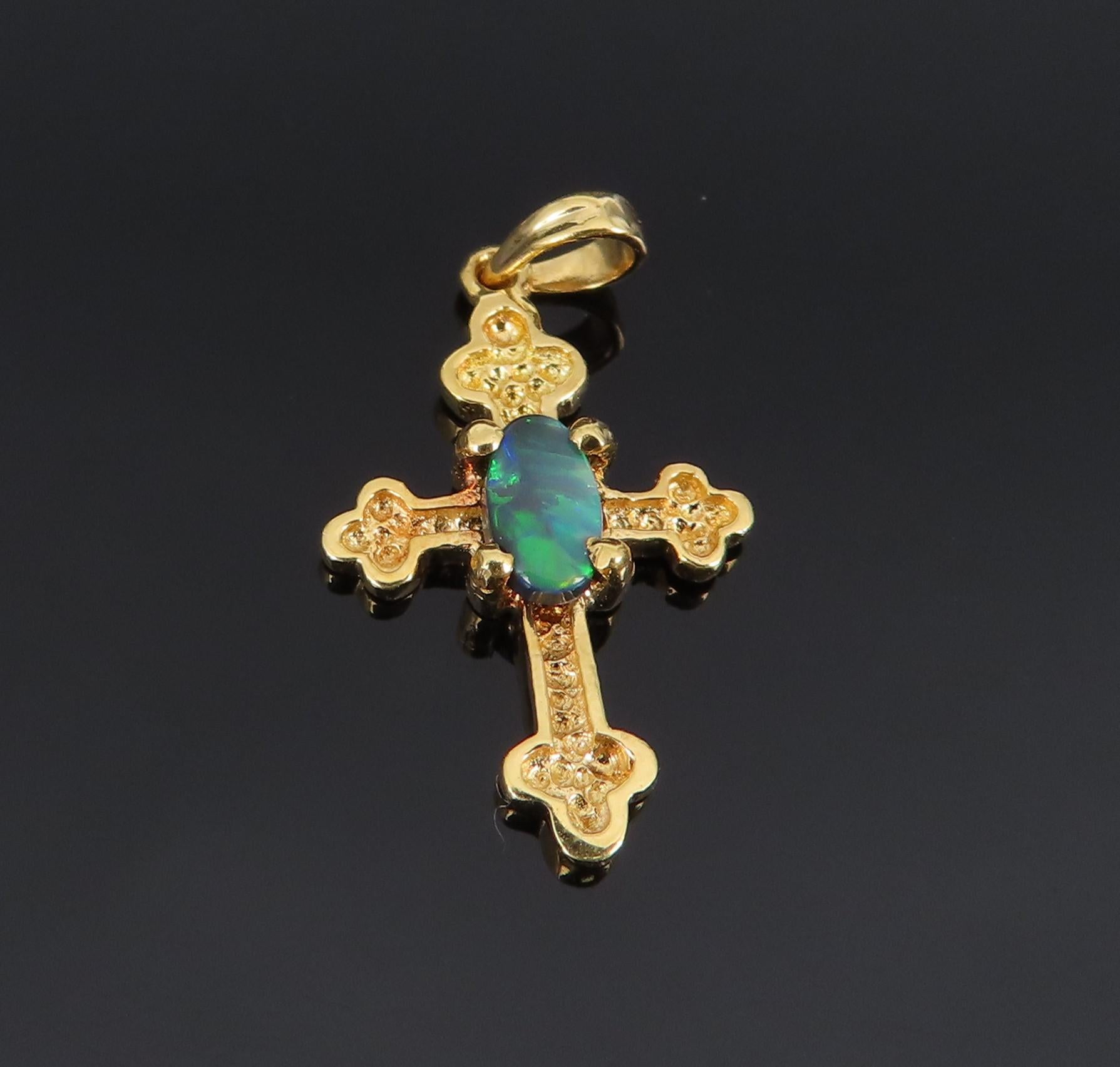 Vintage 0.10ct Natural Black Opal & 18K Yellow Gold Cross Botonny Pendant Charm