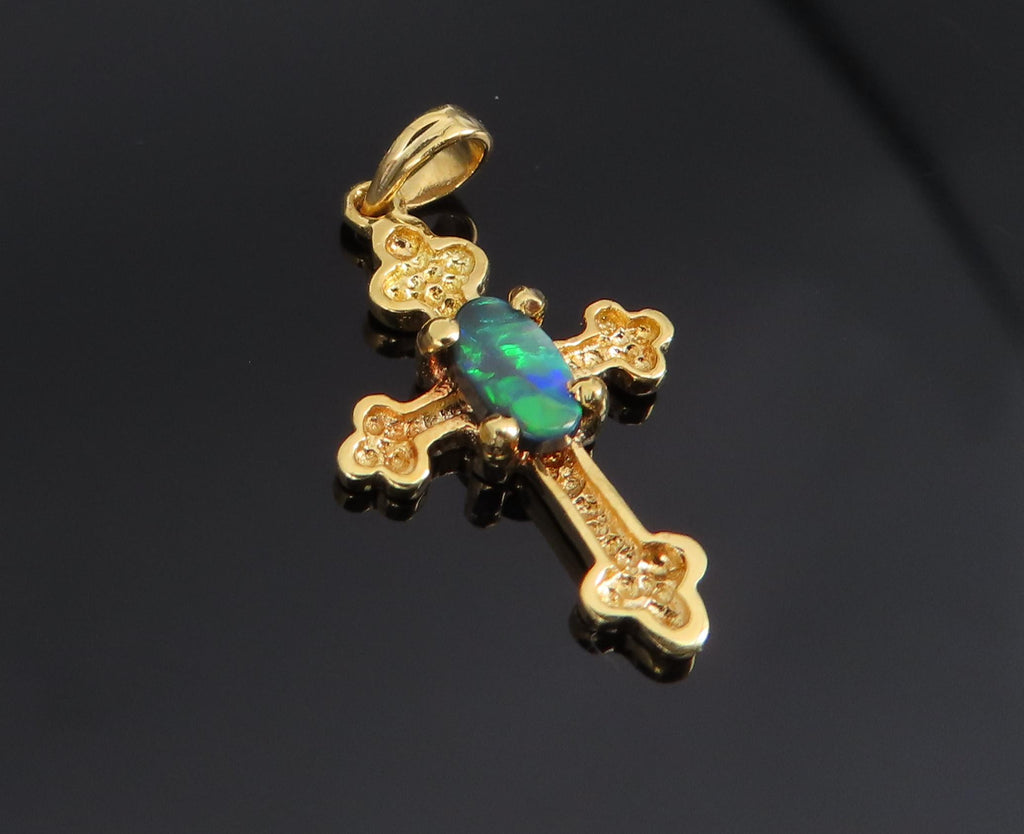 Vintage 0.10ct Natural Black Opal & 18K Yellow Gold Cross Botonny Pendant Charm