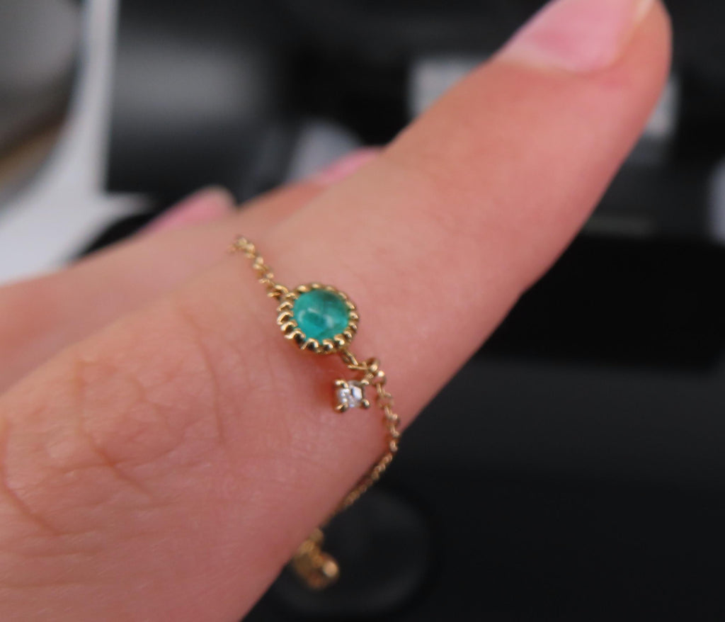 Vintage 0.10ct Green Tourmaline & 0.01ct Diamond 18K Gold Yellow Chain Ring