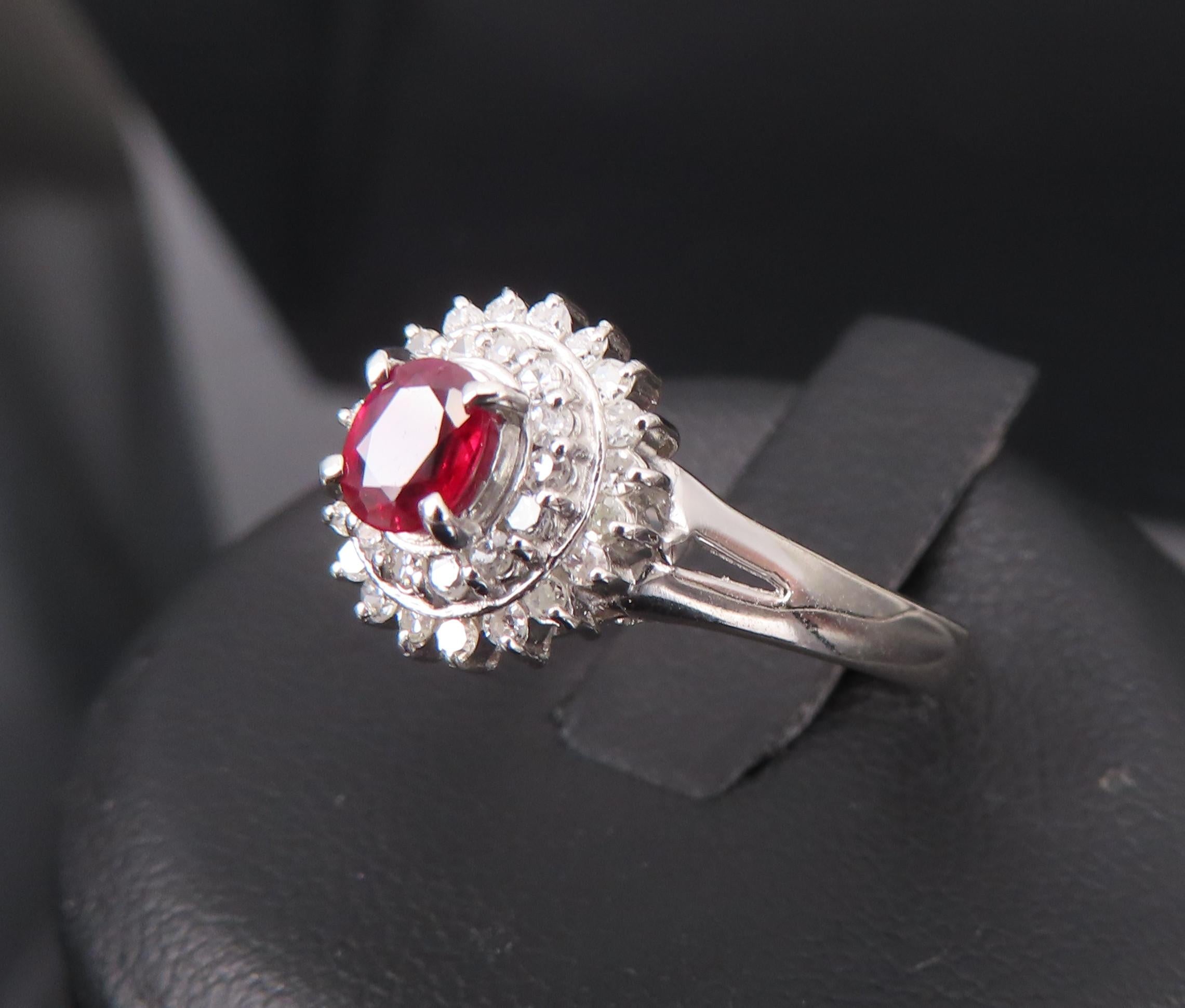 Vintage 0.20ct Intense Red Ruby 0.34ct Diamond Platinum Cocktail Ring Size 6.5
