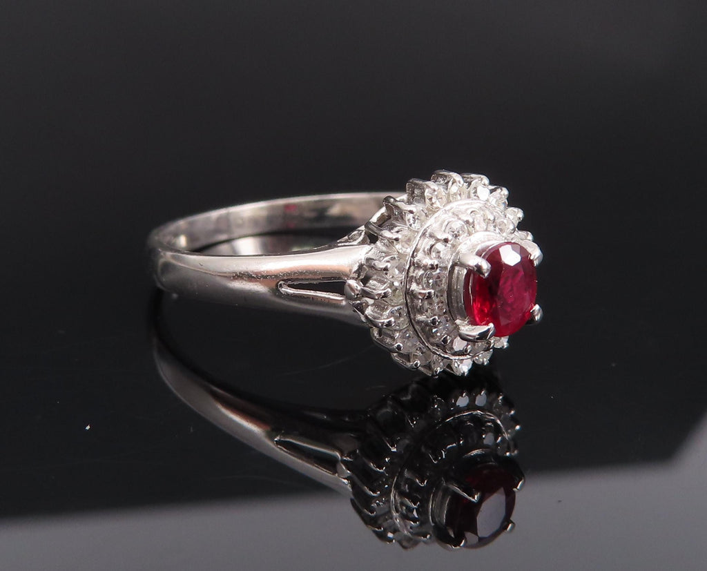 Vintage 0.20ct Intense Red Ruby 0.34ct Diamond Platinum Cocktail Ring Size 6.5