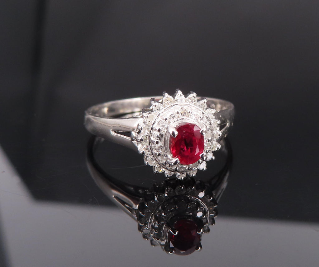 Vintage 0.20ct Intense Red Ruby 0.34ct Diamond Platinum Cocktail Ring Size 6.5