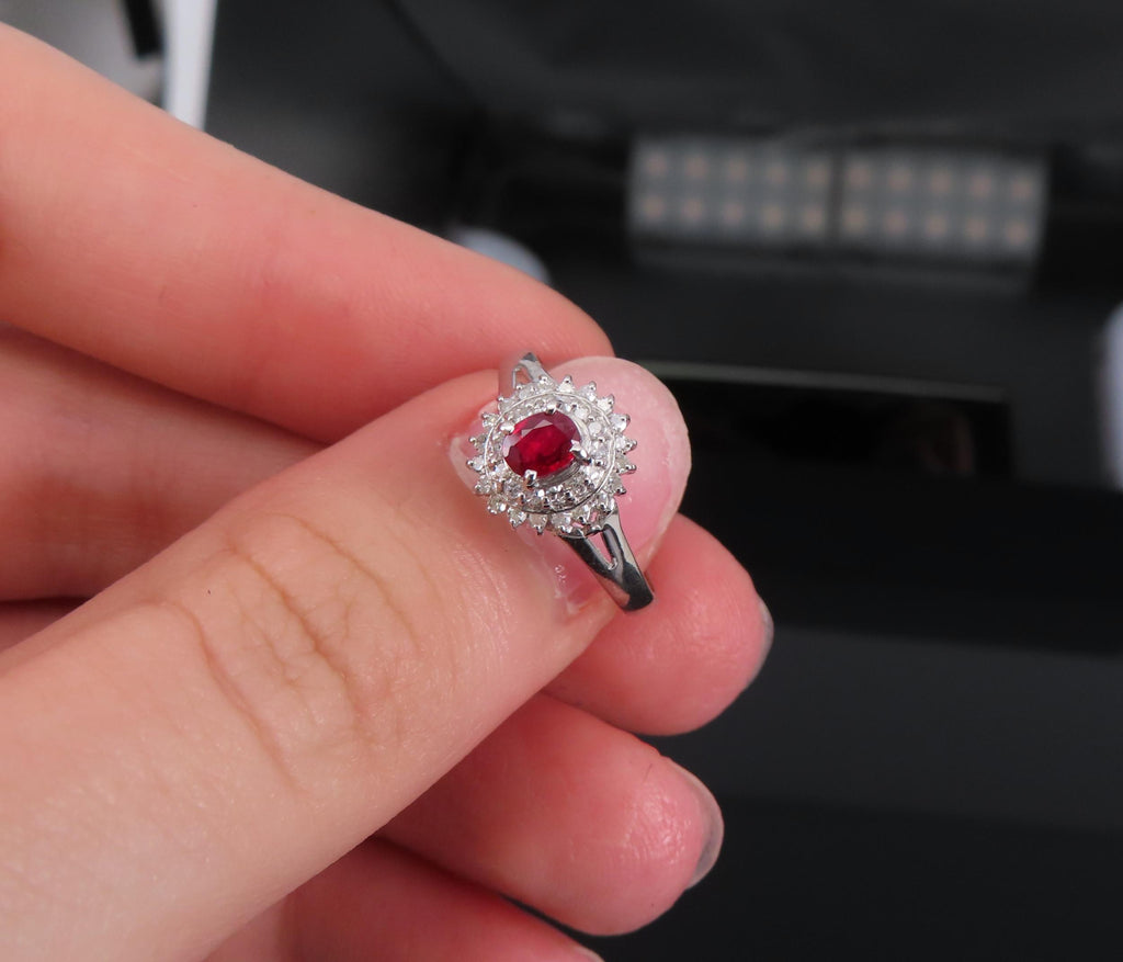 Vintage 0.20ct Intense Red Ruby 0.34ct Diamond Platinum Cocktail Ring Size 6.5