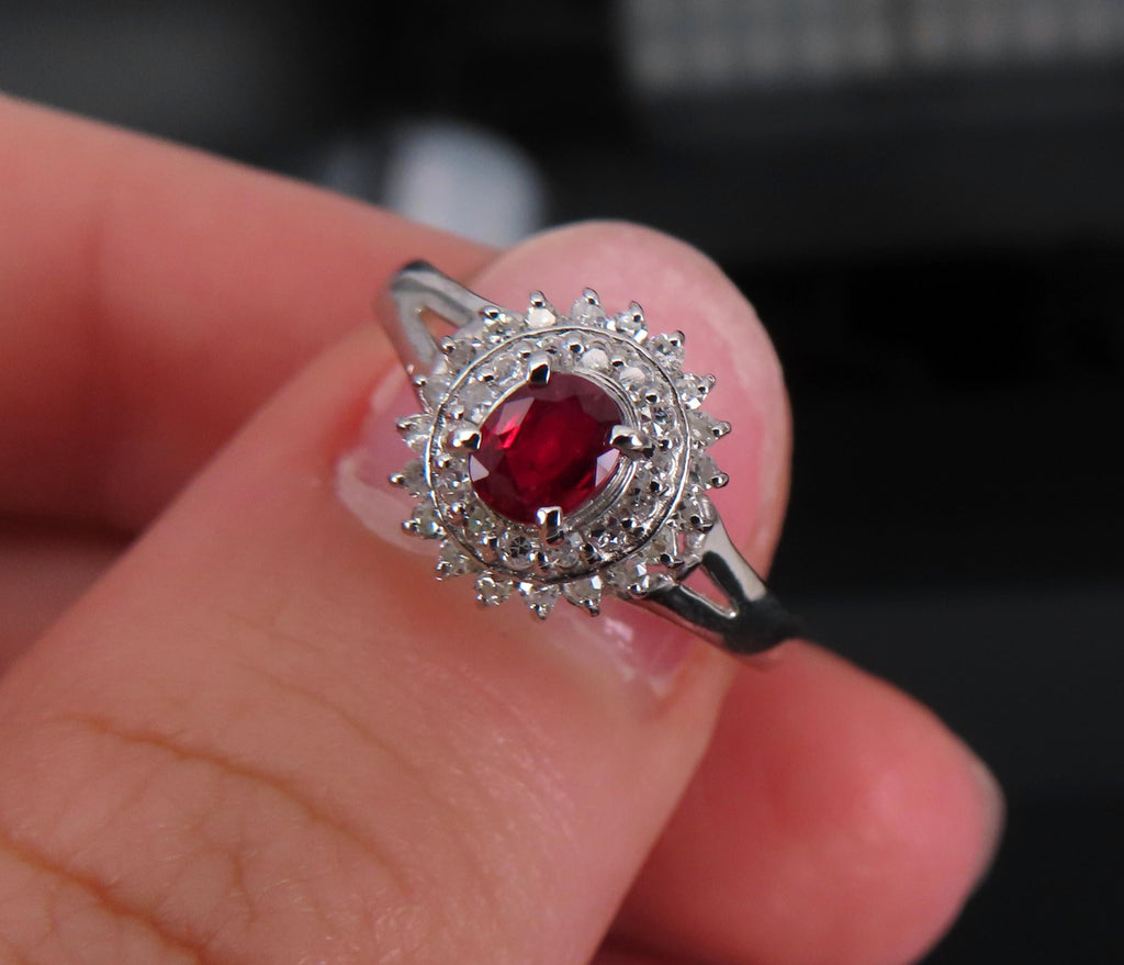 Vintage 0.20ct Intense Red Ruby 0.34ct Diamond Platinum Cocktail Ring Size 6.5