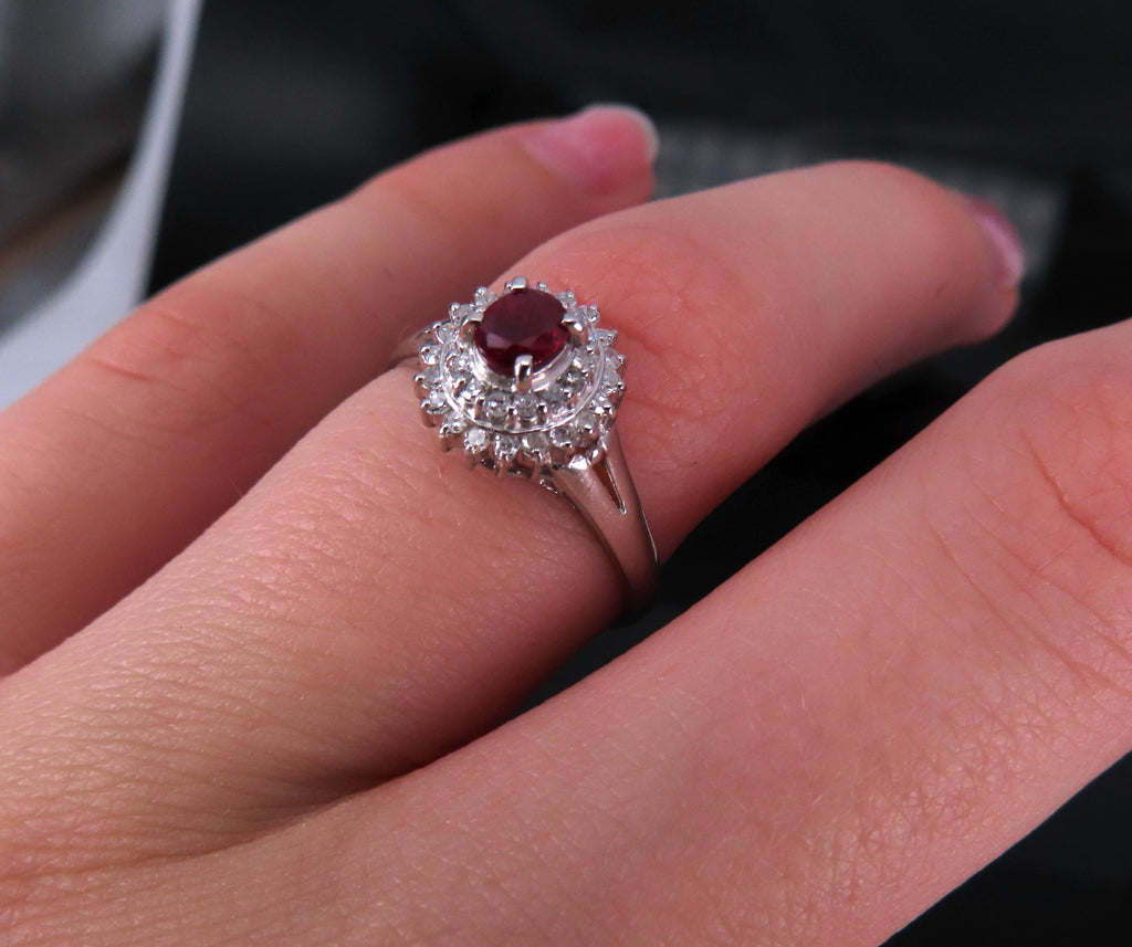 Vintage 0.20ct Intense Red Ruby 0.34ct Diamond Platinum Cocktail Ring Size 6.5