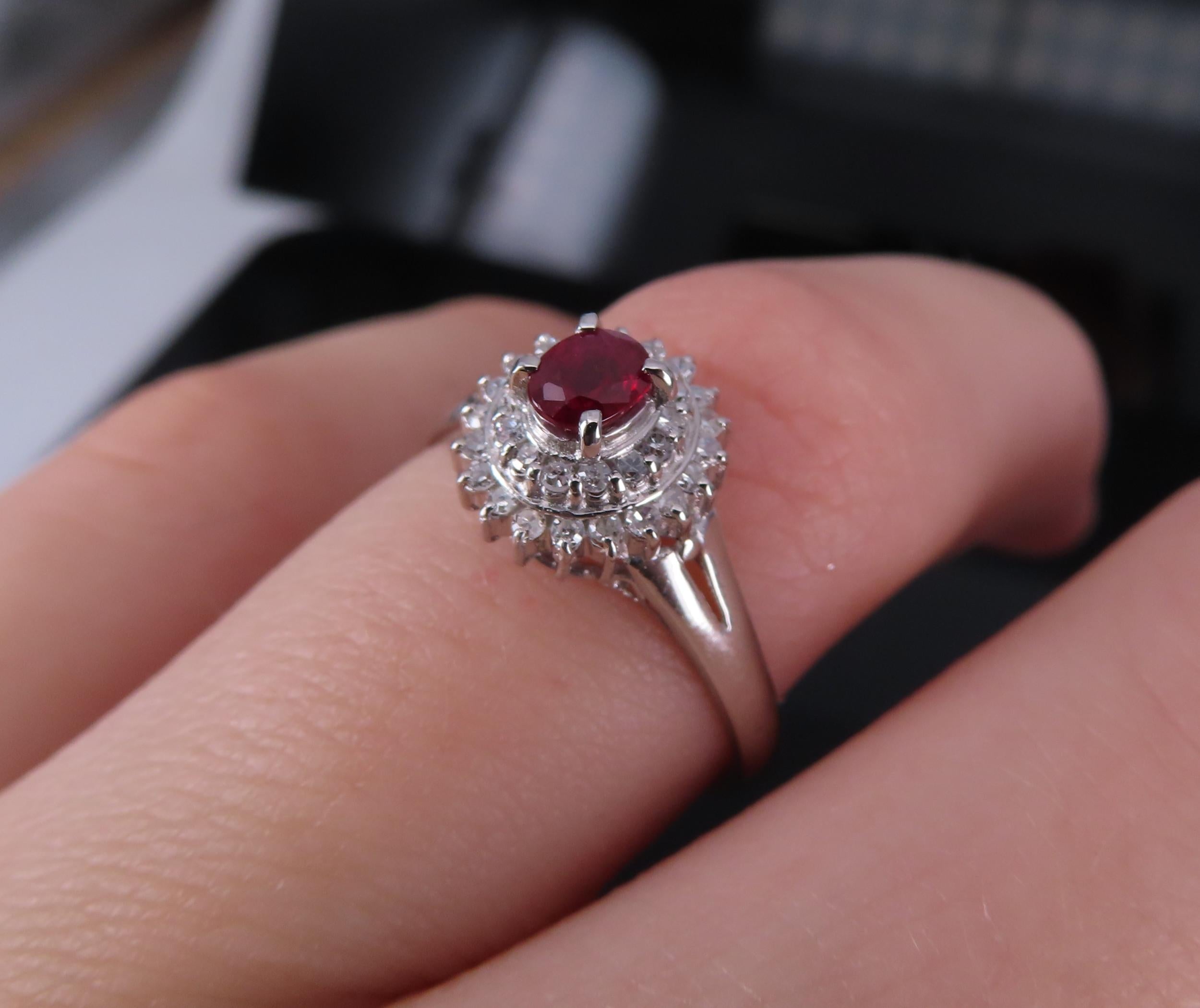 Vintage 0.20ct Intense Red Ruby 0.34ct Diamond Platinum Cocktail Ring Size 6.5