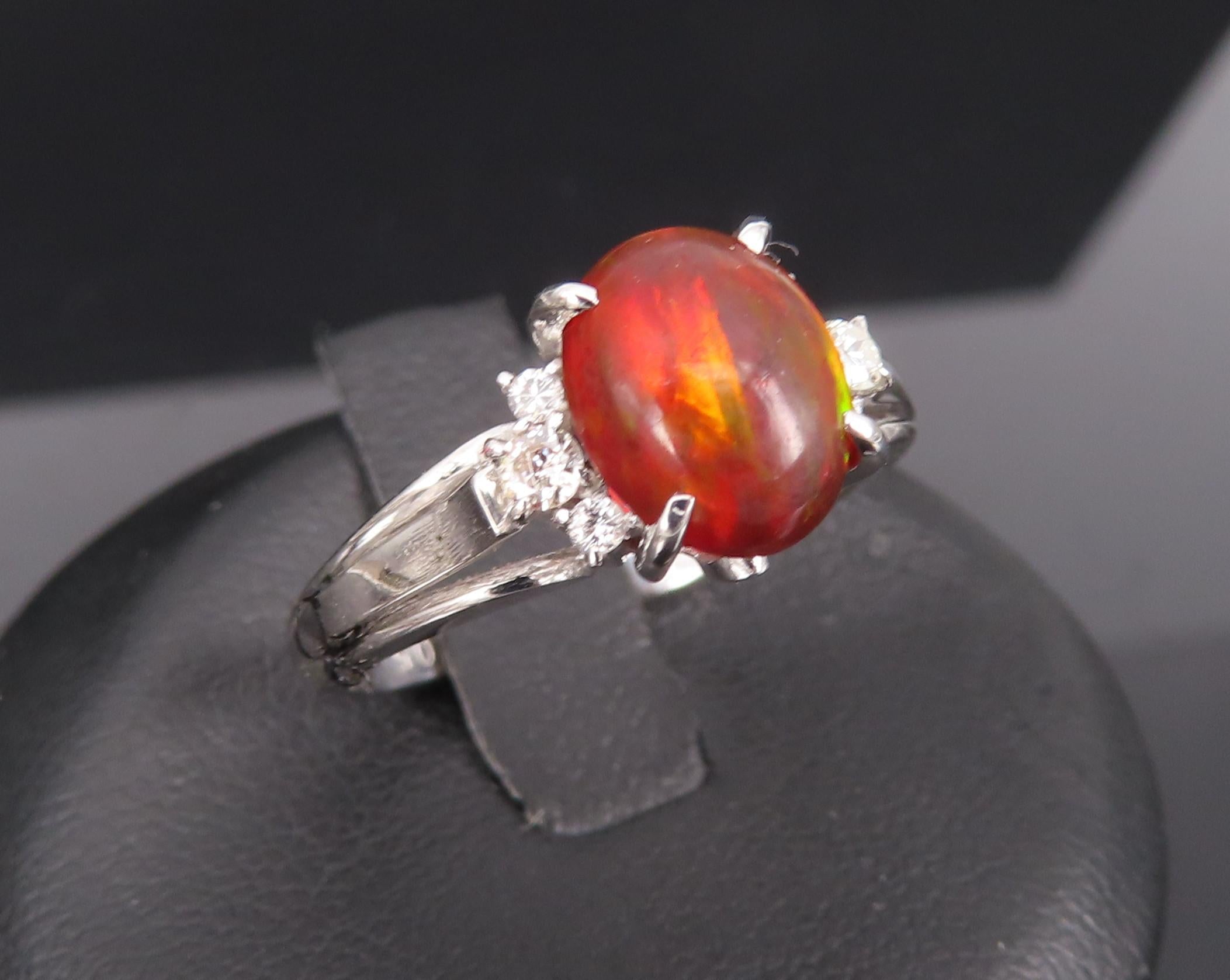 Vintage 1.05ct Natural Fire Opal 0.12ct Diamond Platinum Ring Size 6.25