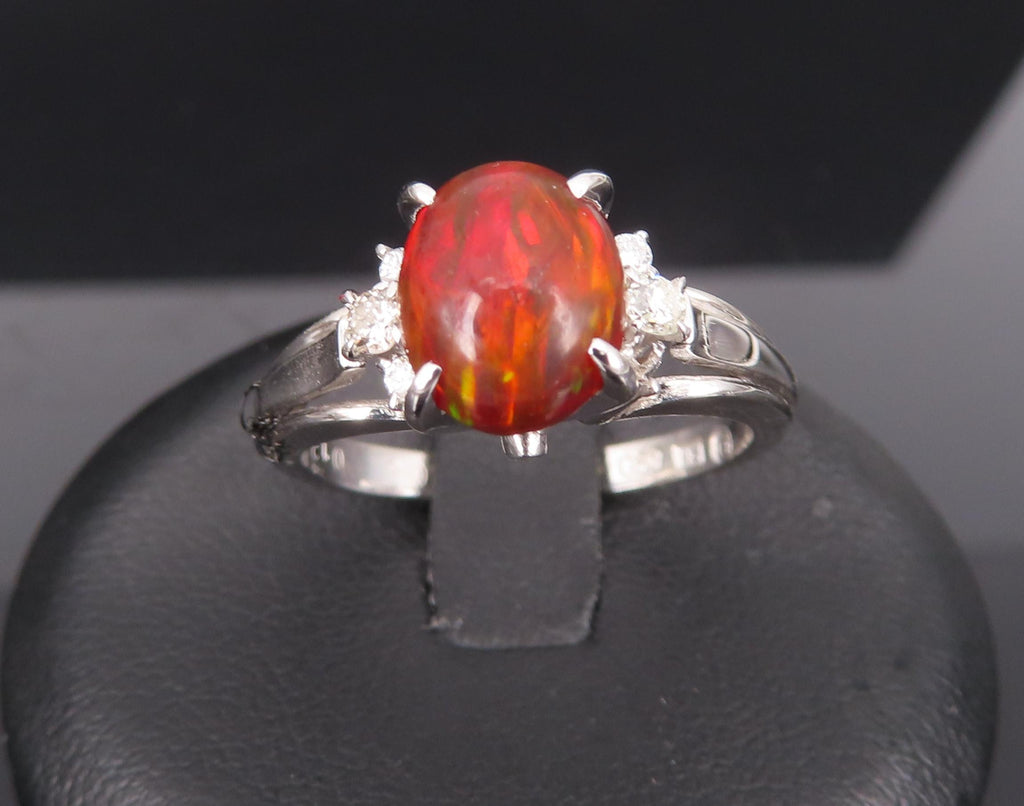 Vintage 1.05ct Natural Fire Opal 0.12ct Diamond Platinum Ring Size 6.25