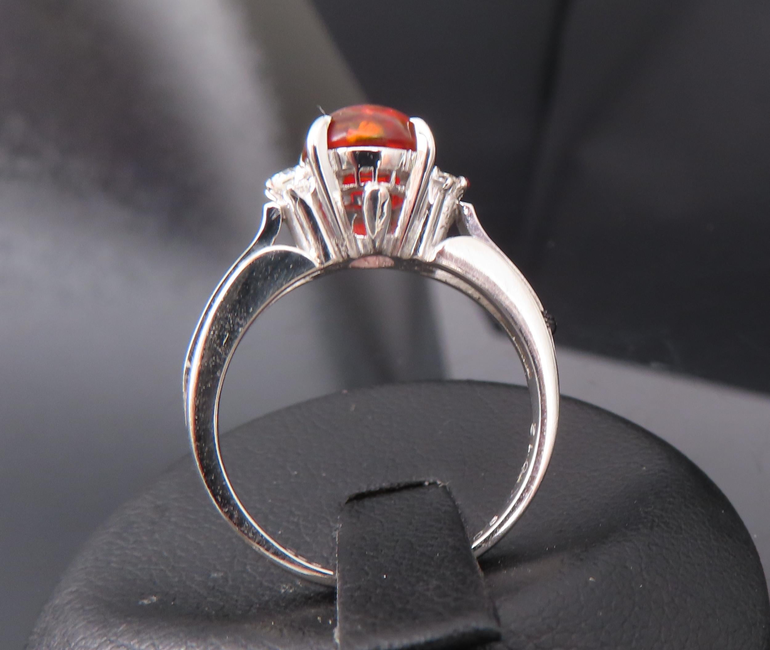 Vintage 1.05ct Natural Fire Opal 0.12ct Diamond Platinum Ring Size 6.25
