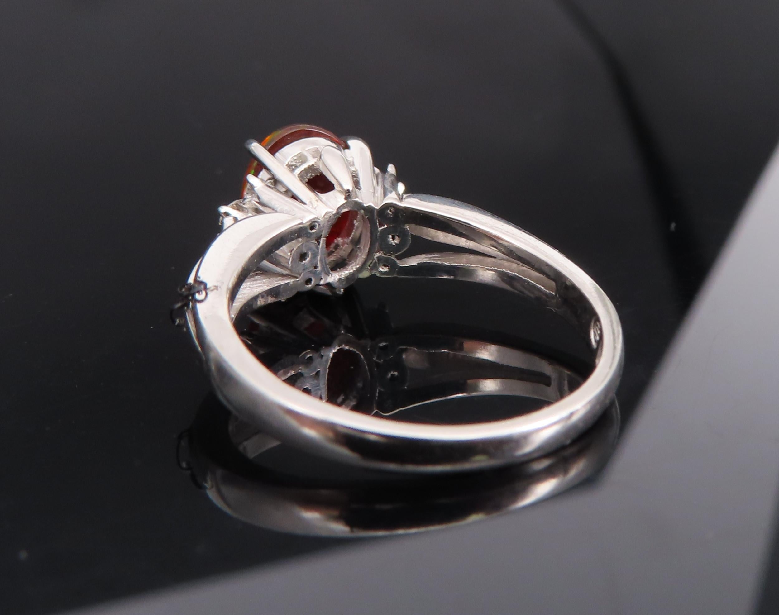 Vintage 1.05ct Natural Fire Opal 0.12ct Diamond Platinum Ring Size 6.25