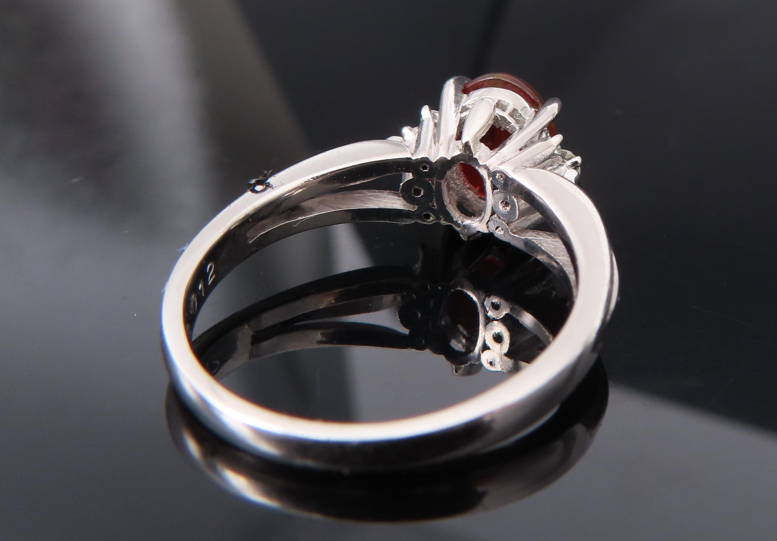 Vintage 1.05ct Natural Fire Opal 0.12ct Diamond Platinum Ring Size 6.25