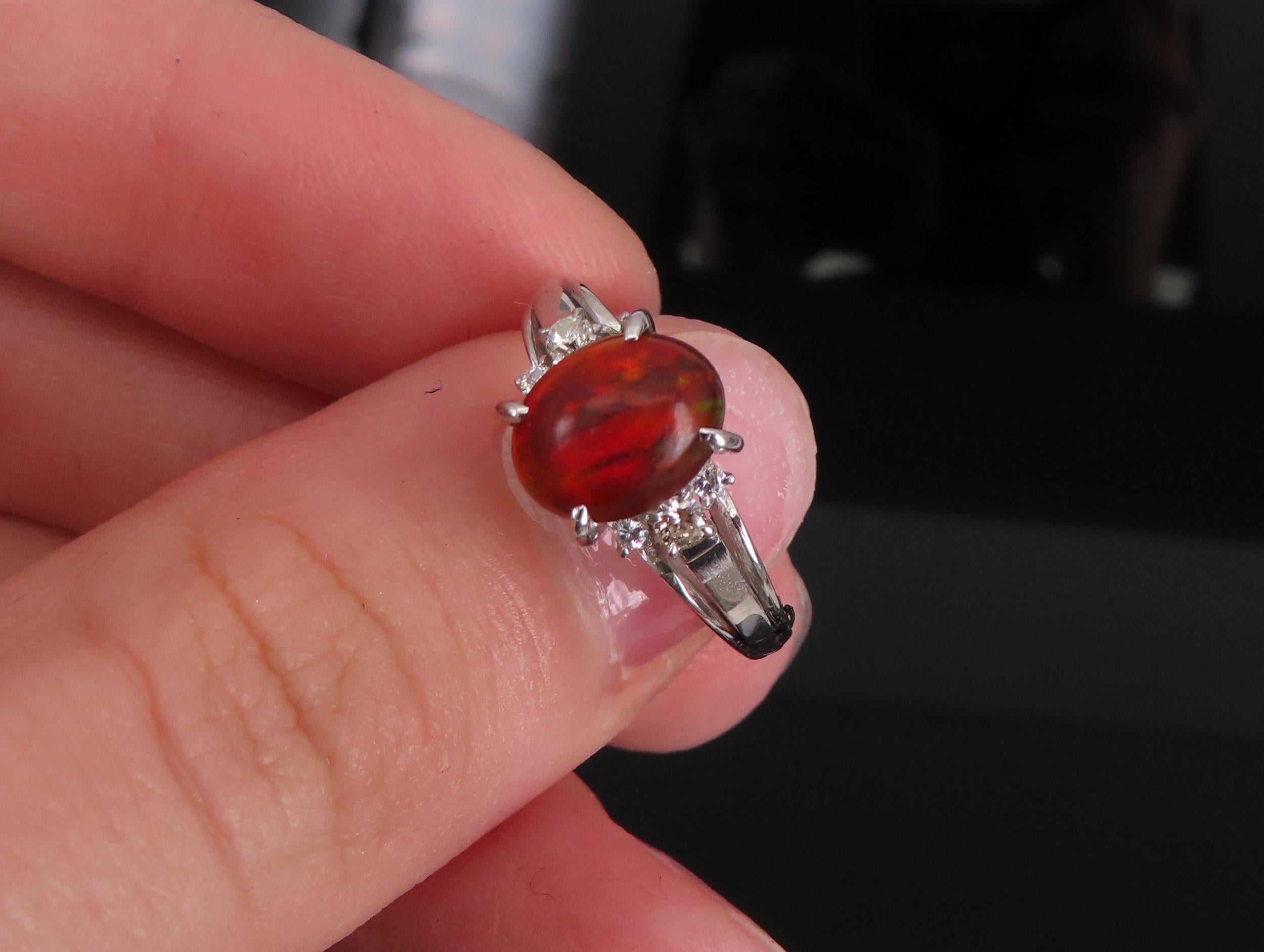 Vintage 1.05ct Natural Fire Opal 0.12ct Diamond Platinum Ring Size 6.25