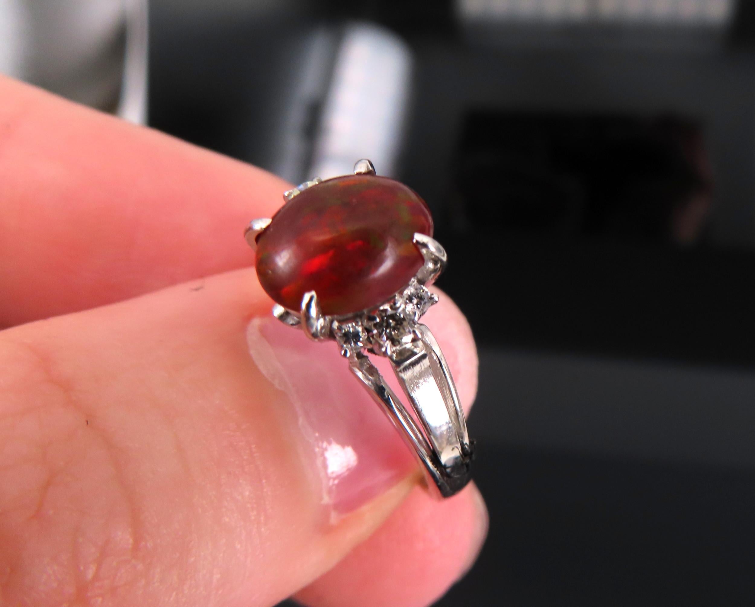 Vintage 1.05ct Natural Fire Opal 0.12ct Diamond Platinum Ring Size 6.25