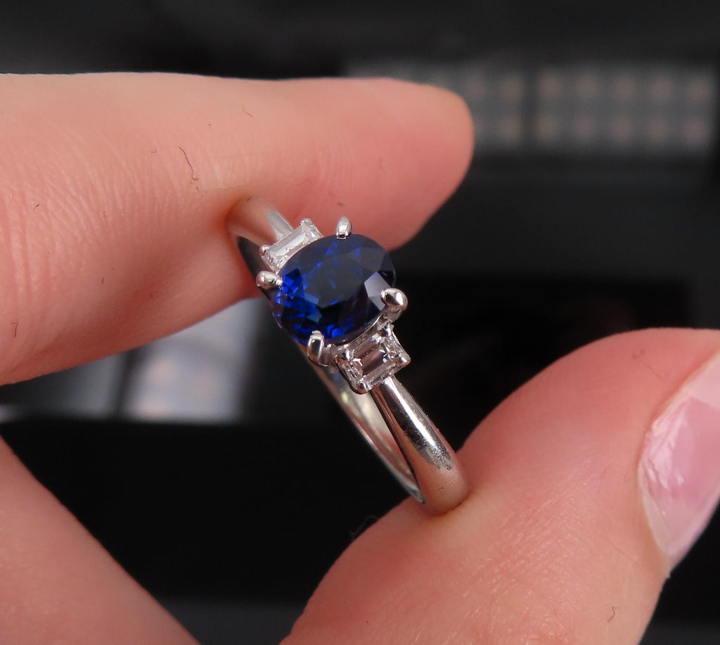 1.06ct GIA Royal Blue Sapphire 0.12ct Diamond Platinum Ring Size 7.25