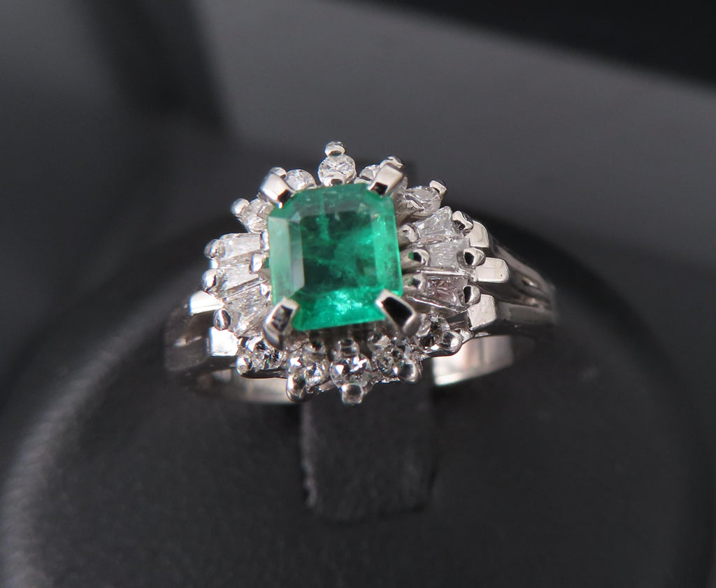 Vintage 0.30ct Colombian Emerald & 0.24ct Diamond Platinum Cocktail Ring Size 5