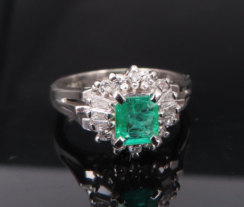 Vintage 0.30ct Colombian Emerald & 0.24ct Diamond Platinum Cocktail Ring Size 5
