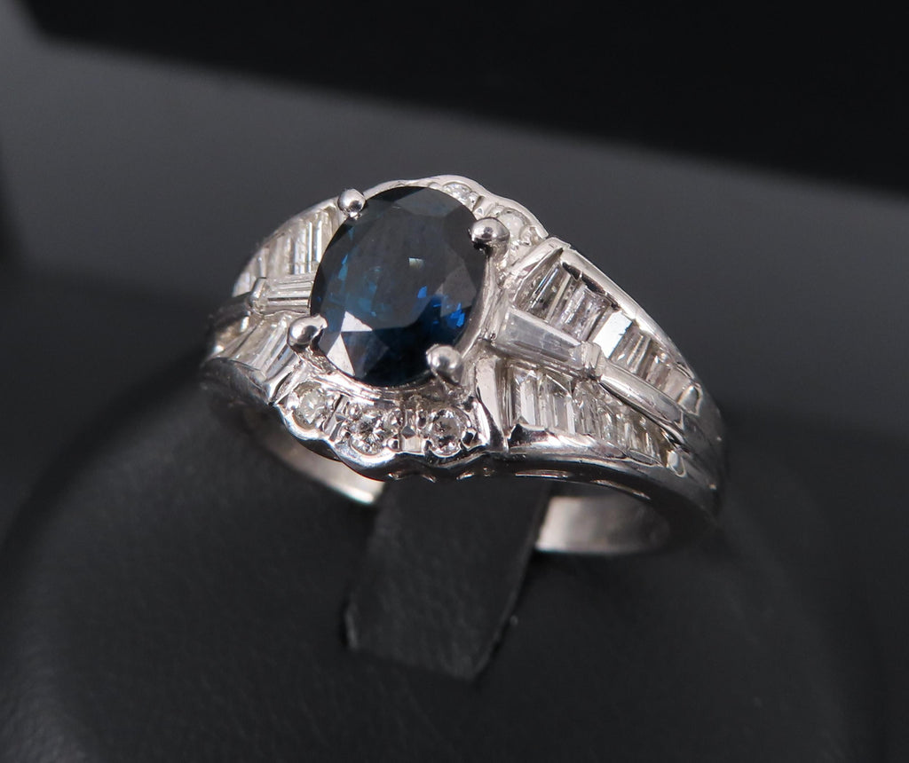 Vintage 1.07ct Deep Blue Sapphire & 0.48ct Diamond Platinum Ring Size 7