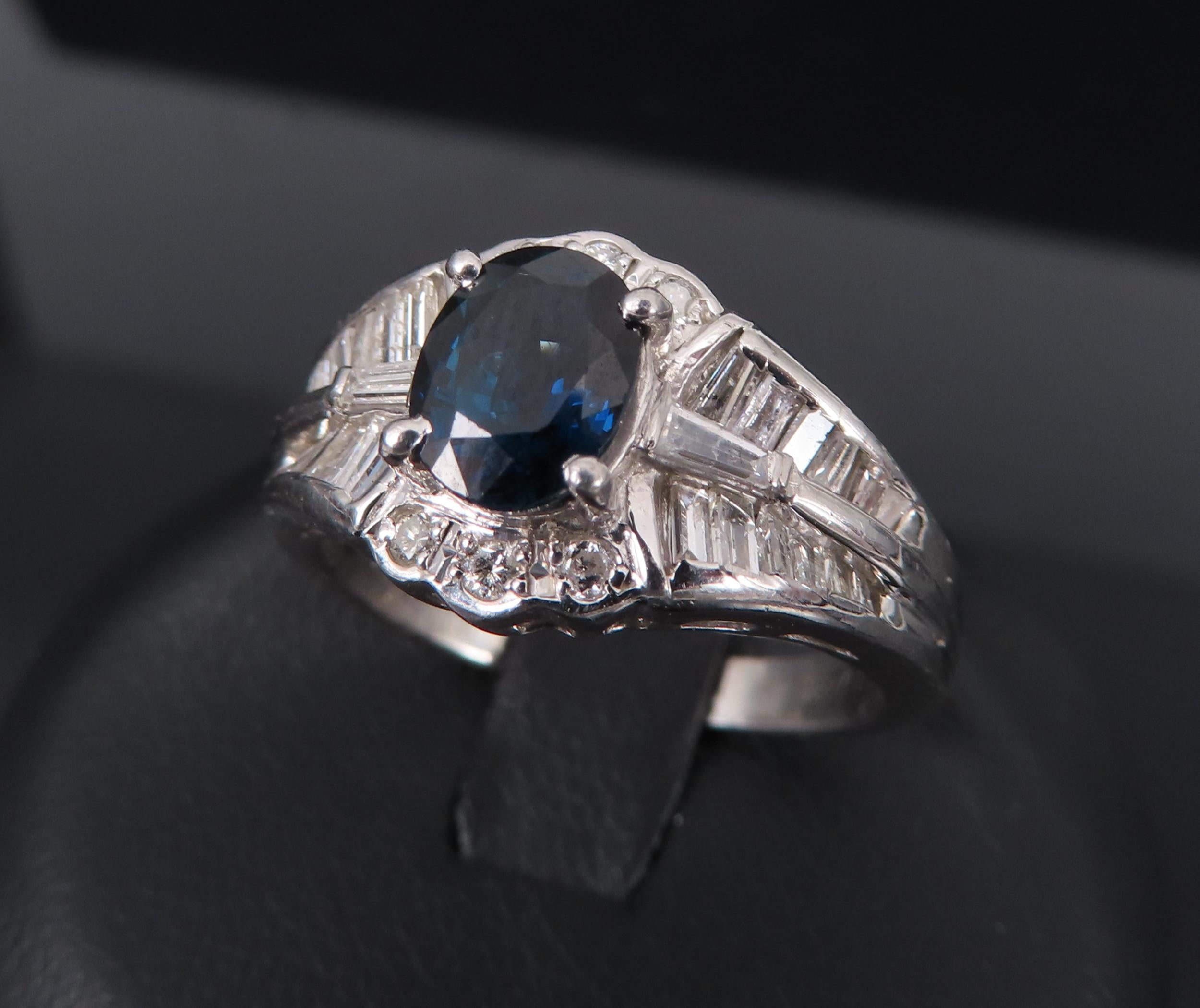 Vintage 1.07ct Deep Blue Sapphire & 0.48ct Diamond Platinum Ring Size 7