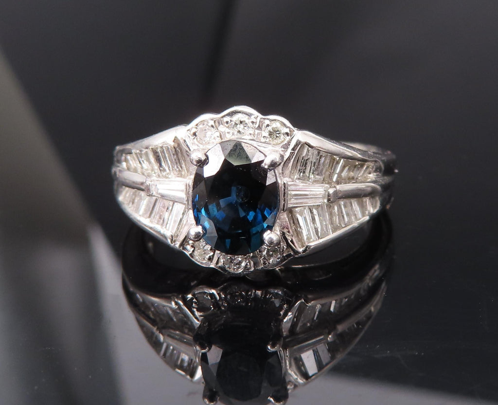Vintage 1.07ct Deep Blue Sapphire & 0.48ct Diamond Platinum Ring Size 7