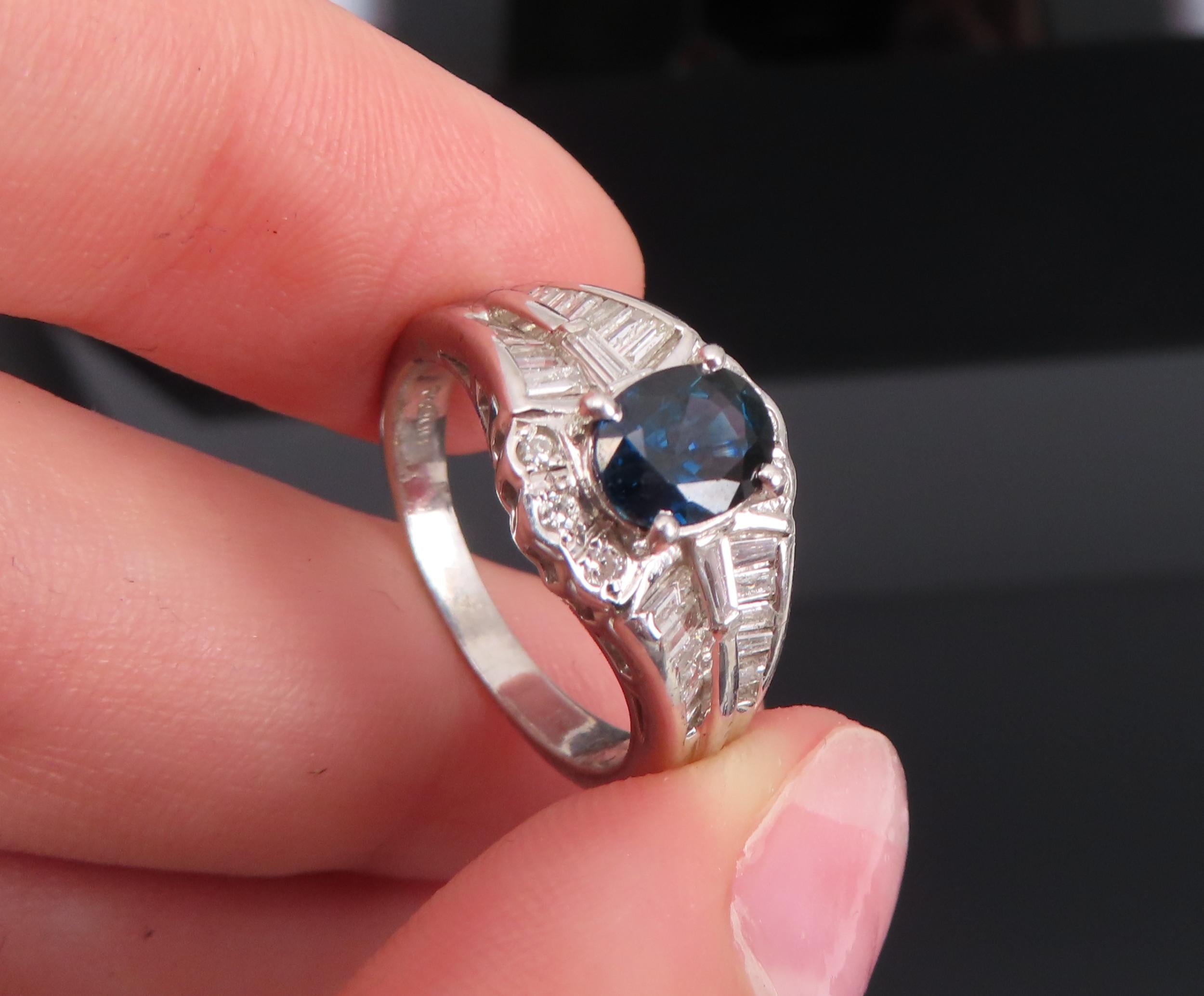 Vintage 1.07ct Deep Blue Sapphire & 0.48ct Diamond Platinum Ring Size 7
