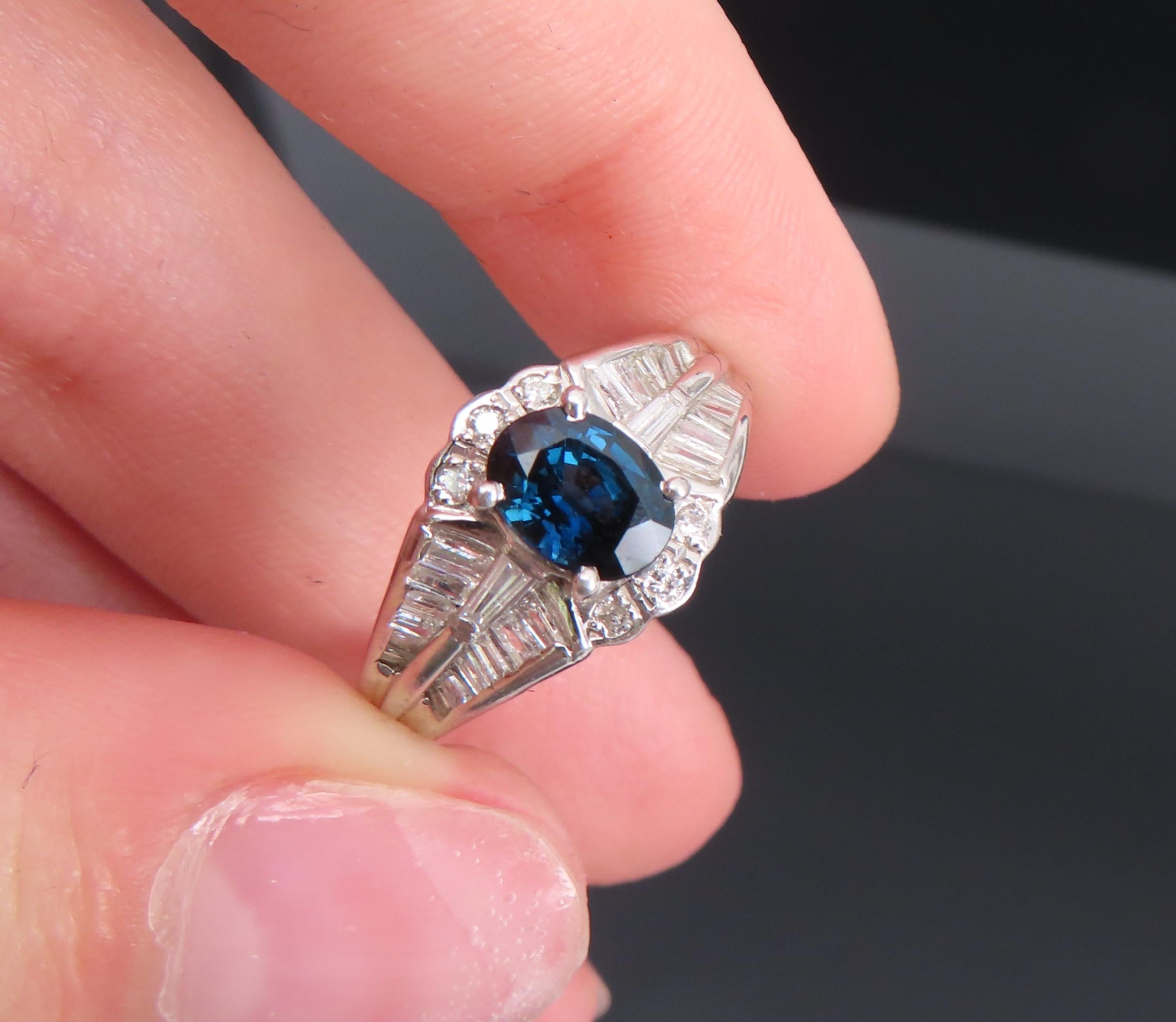 Vintage 1.07ct Deep Blue Sapphire & 0.48ct Diamond Platinum Ring Size 7