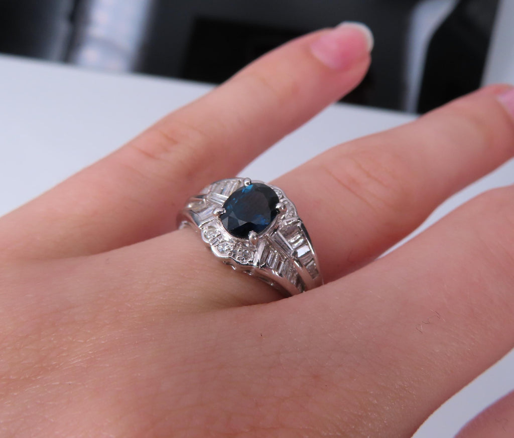 Vintage 1.07ct Deep Blue Sapphire & 0.48ct Diamond Platinum Ring Size 7
