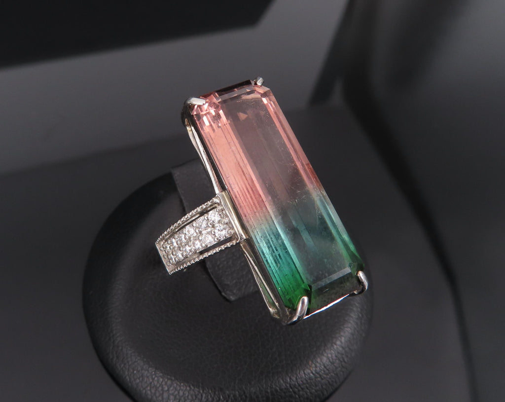 Rare 15.82ct Natural Watermelon Tourmaline & 0.35ct Diamond Platinum Ring Size 7