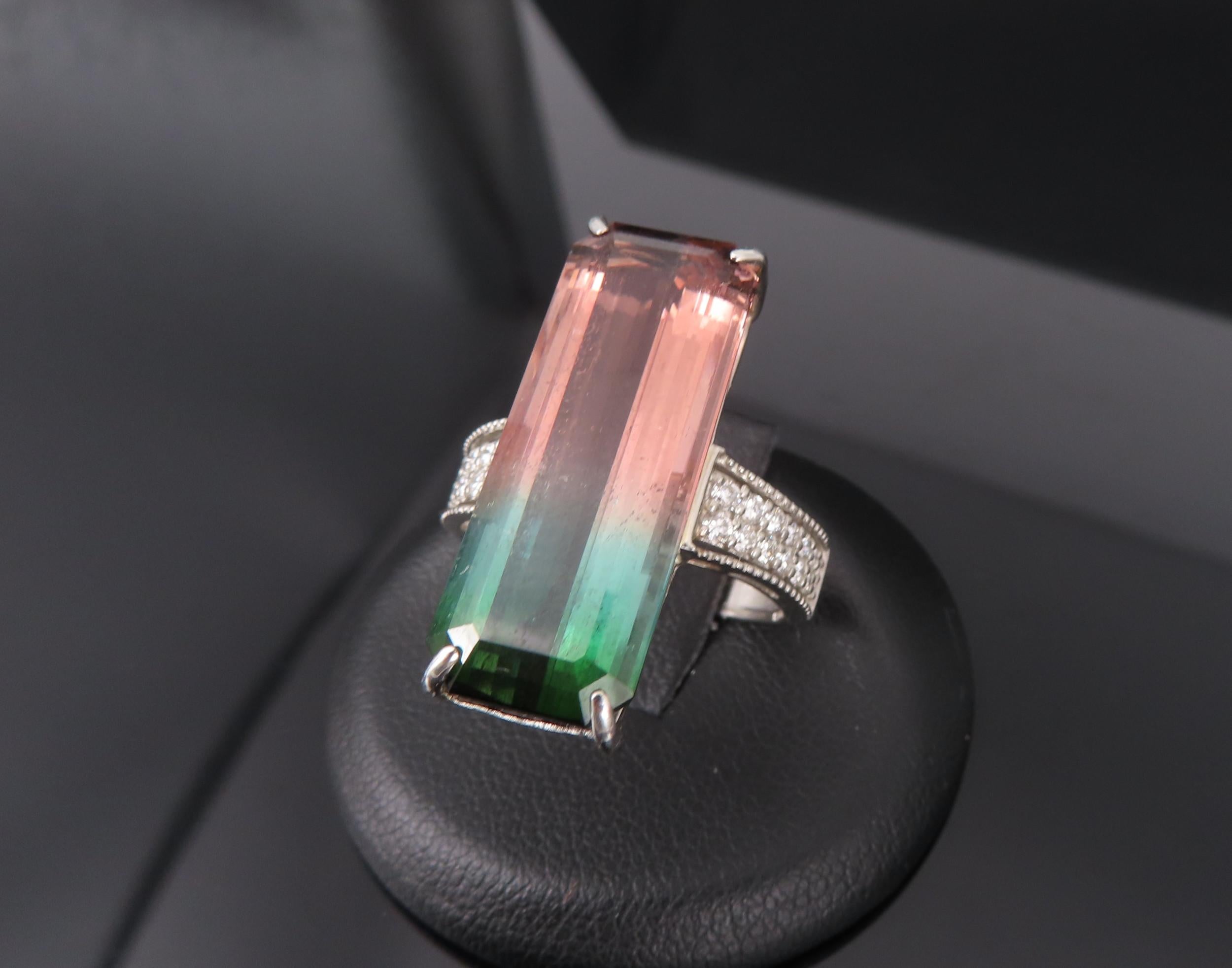 Rare 15.82ct Natural Watermelon Tourmaline & 0.35ct Diamond Platinum Ring Size 7