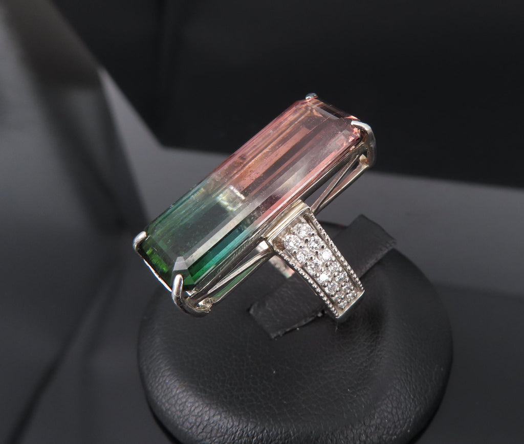 Rare 15.82ct Natural Watermelon Tourmaline & 0.35ct Diamond Platinum Ring Size 7