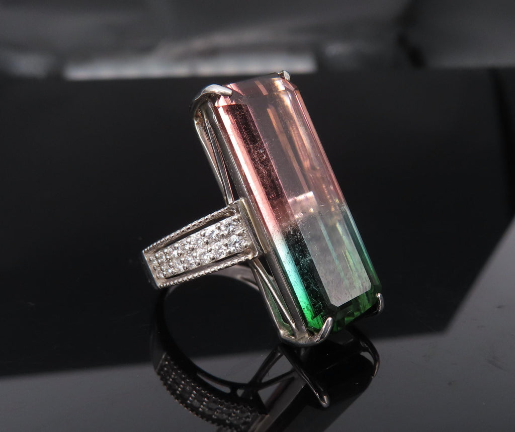Rare 15.82ct Natural Watermelon Tourmaline & 0.35ct Diamond Platinum Ring Size 7