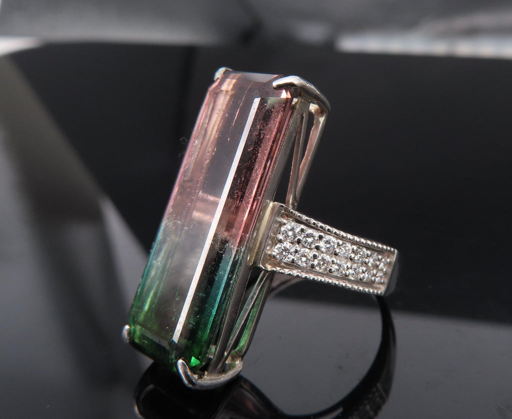 Rare 15.82ct Natural Watermelon Tourmaline & 0.35ct Diamond Platinum Ring Size 7