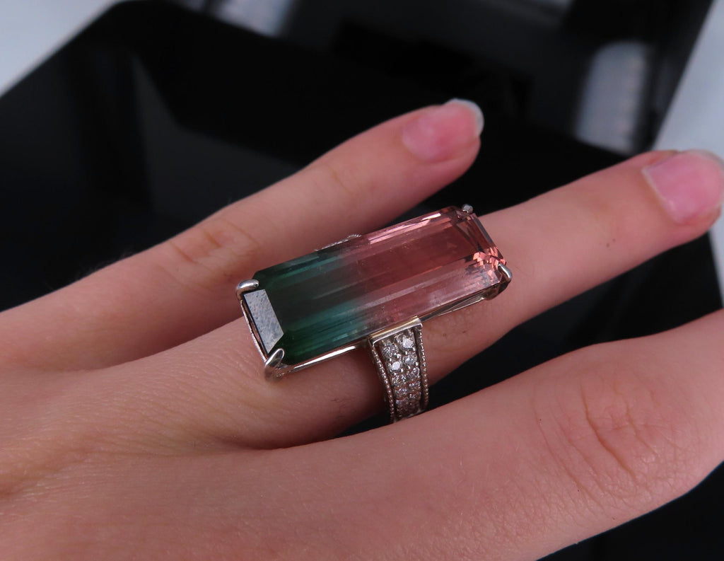 Rare 15.82ct Natural Watermelon Tourmaline & 0.35ct Diamond Platinum Ring Size 7