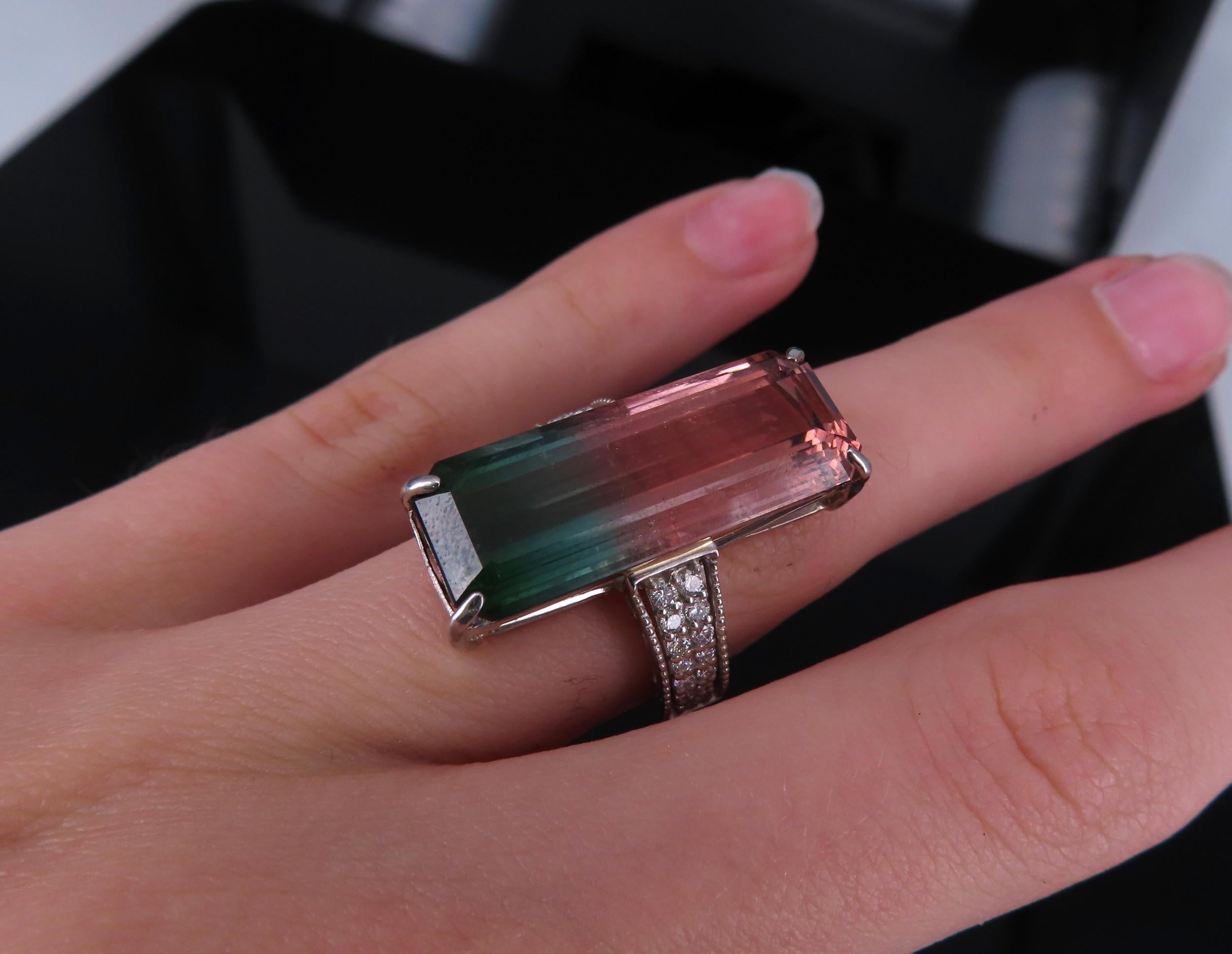 Rare 15.82ct Natural Watermelon Tourmaline & 0.35ct Diamond Platinum Ring Size 7